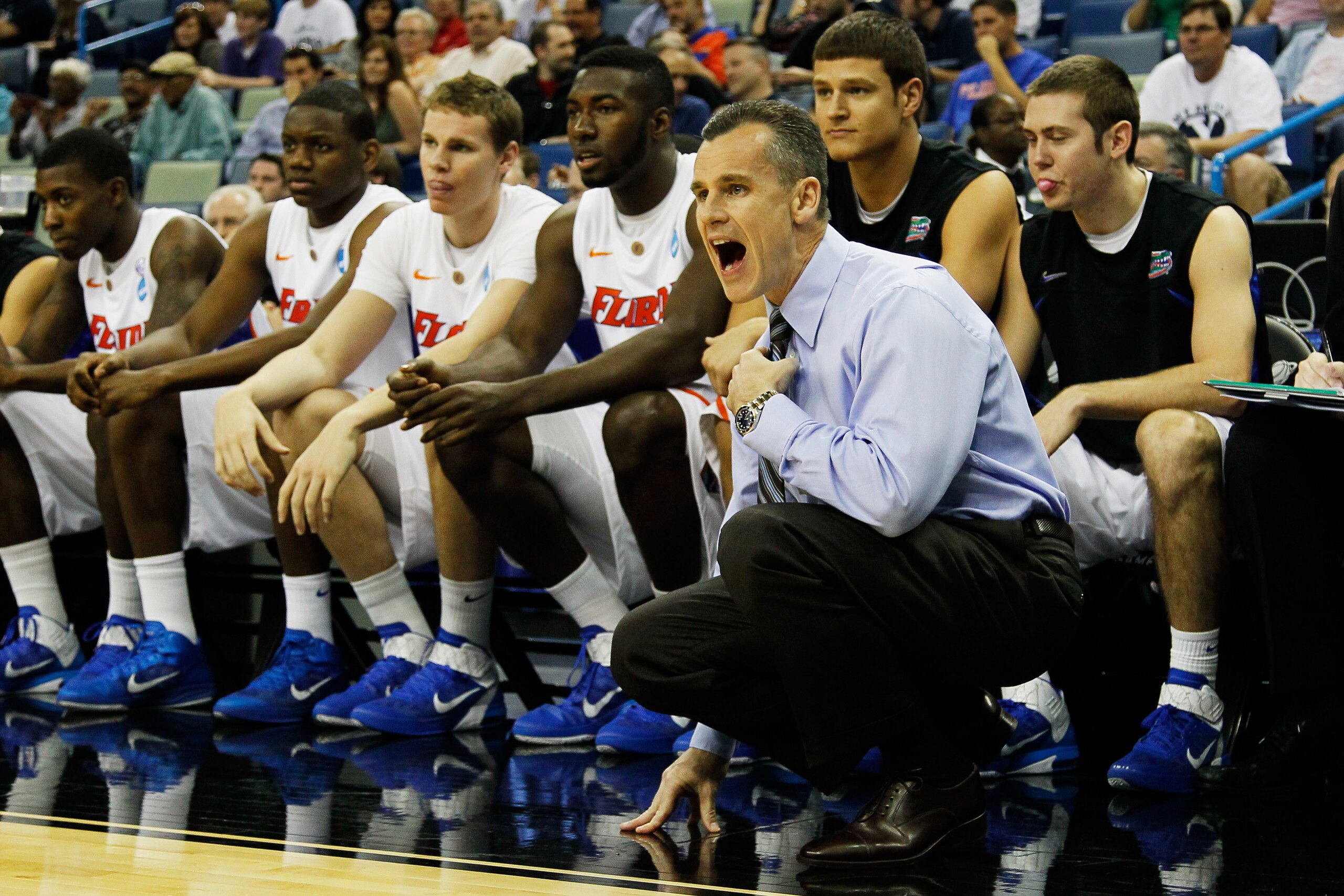 NEW ORLEANS, LA - MARCH 24:  Head coach Billy Donovan of the Florida Gators yells to his team during their game against the Brigham Young Cougars in the Southeast regional of the 2011 NCAA men's basketball tournament at New Orleans Arena on March 24, 2011