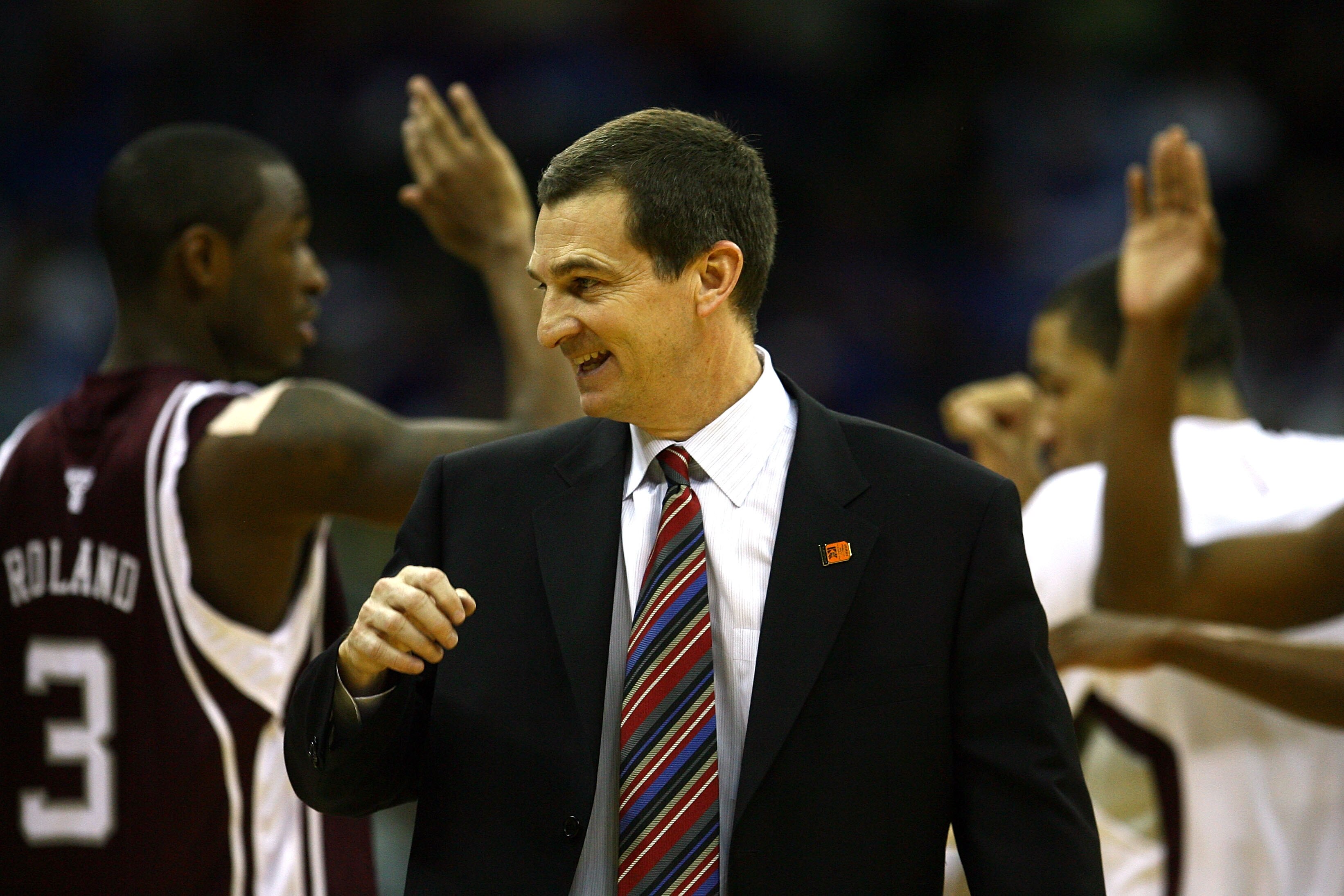 KANSAS CITY, MO - MARCH 14:  Head coach Mark Turgeon of the Texas A&M Aggies celebrates a win over the Kansas State Wildcats on day 2 of the Big 12 Men's Basketball Tournament on March 14, 2008 at the Sprint Center in Kansas City, Missouri.  (Photo by Jam