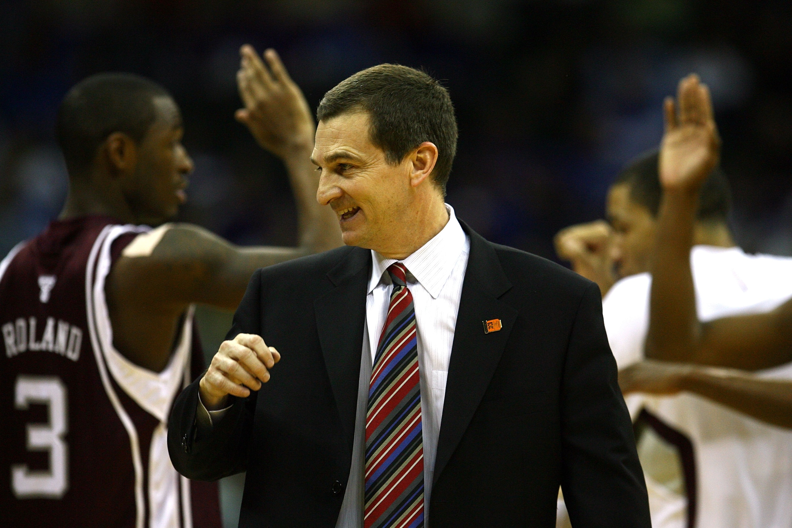 KANSAS CITY, MO - MARCH 14:  Head coach Mark Turgeon of the Texas A&M Aggies celebrates a win over the Kansas State Wildcats on day 2 of the Big 12 Men's Basketball Tournament on March 14, 2008 at the Sprint Center in Kansas City, Missouri.  (Photo by Jam