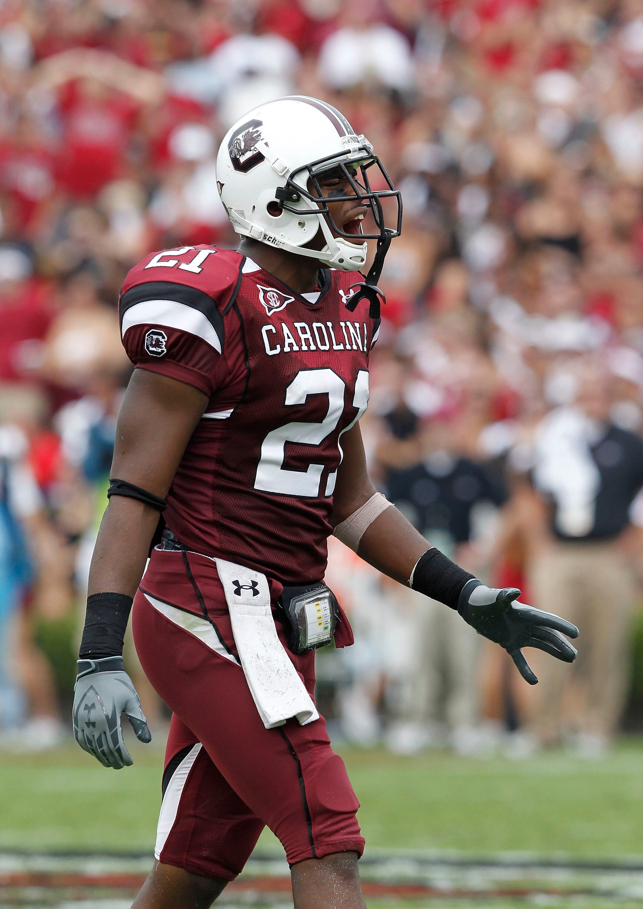 COLUMBIA, SC - SEPTEMBER 11:  Safety DeVonte Holloman #21 of the South Carolina Gamecocks yells at teammates during the game against the South Carolina Gamecocks at Williams-Brice Stadium on September 11, 2010 in Columbia, South Carolina.  (Photo by Mike