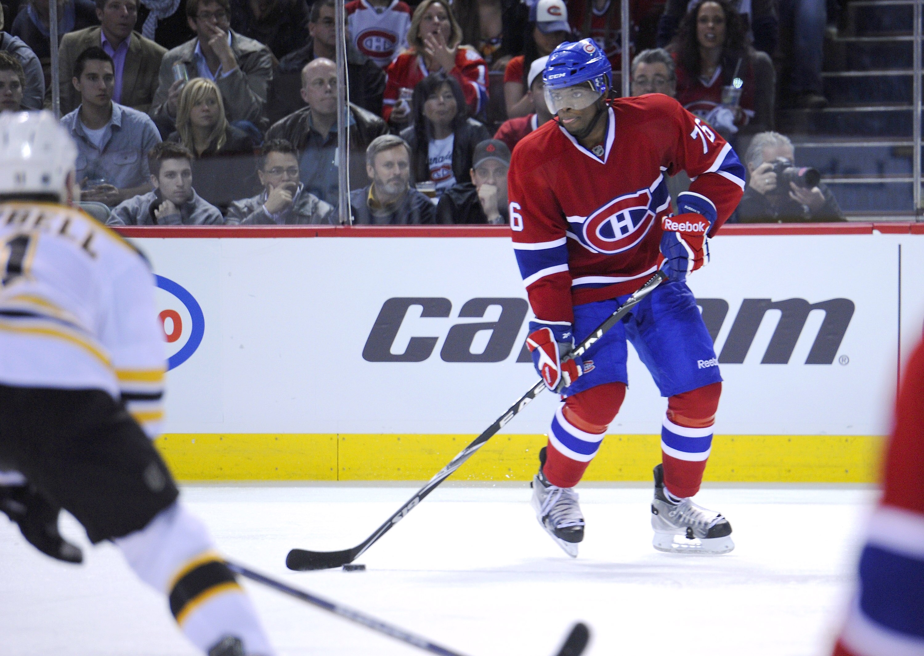 MONTREAL, CANADA - APRIL 26:  P.K. Subban #76 of the Montreal Canadiens looks to make a pass from the far boards in Game Six of the Eastern Conference Quarterfinals against the Boston Bruins during the 2011 NHL Stanley Cup Playoffs at the Bell Centre on A