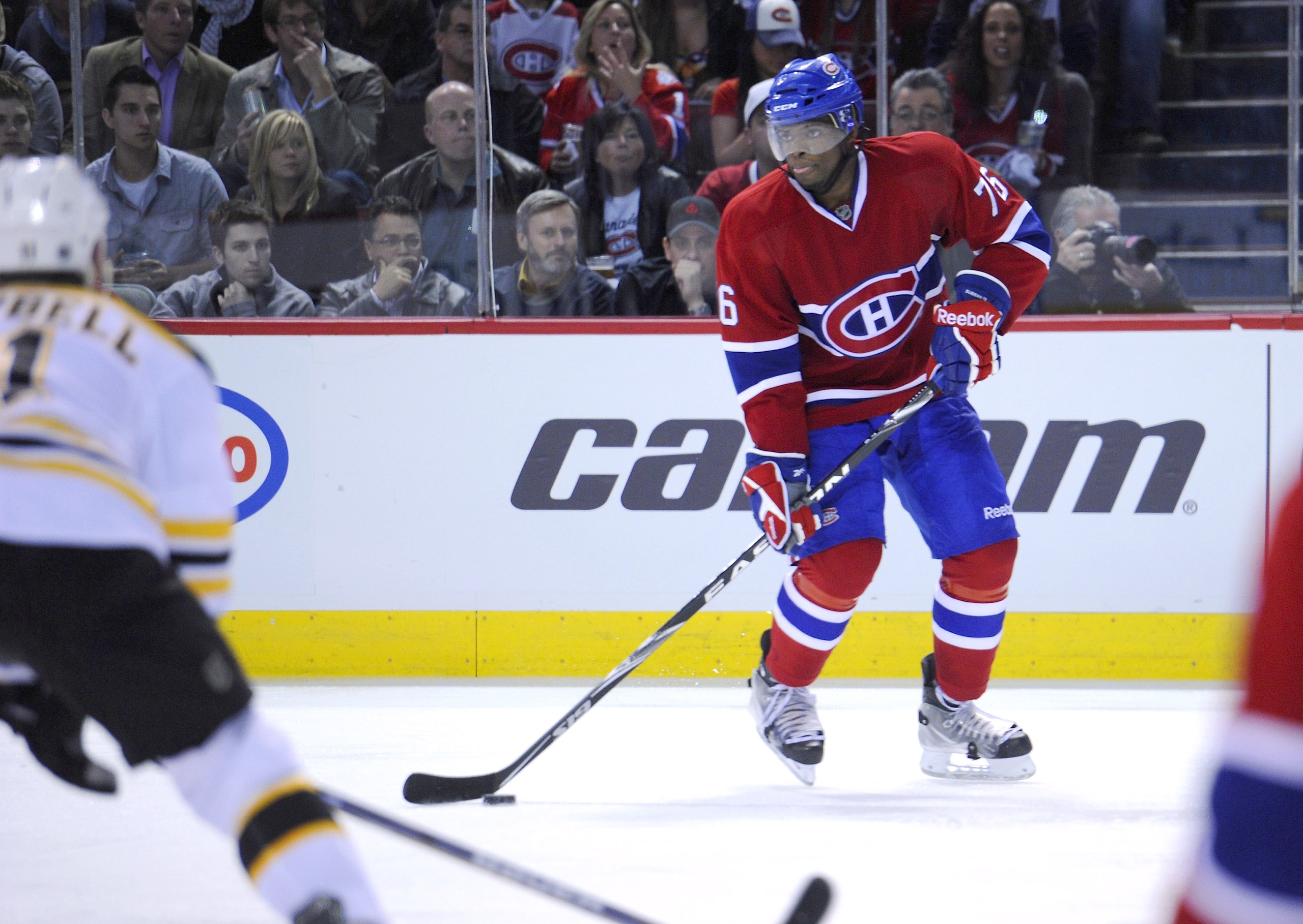 MONTREAL, CANADA - APRIL 26: P.K. Subban #76 of the Montreal Canadiens looks to make a pass from the far boards in Game Six of the Eastern Conference Quarterfinals against the Boston Bruins during the 2011 NHL Stanley Cup Playoffs at the Bell Centre on A MONTREAL, CANADA - APRIL 26: P.K. Subban #76 of the Montreal Canadiens looks to make a pass from the far boards in Game Six of the Eastern Conference Quarterfinals against the Boston Bruins during the 2011 NHL Stanley Cup Playoffs at the Bell Centre on A
