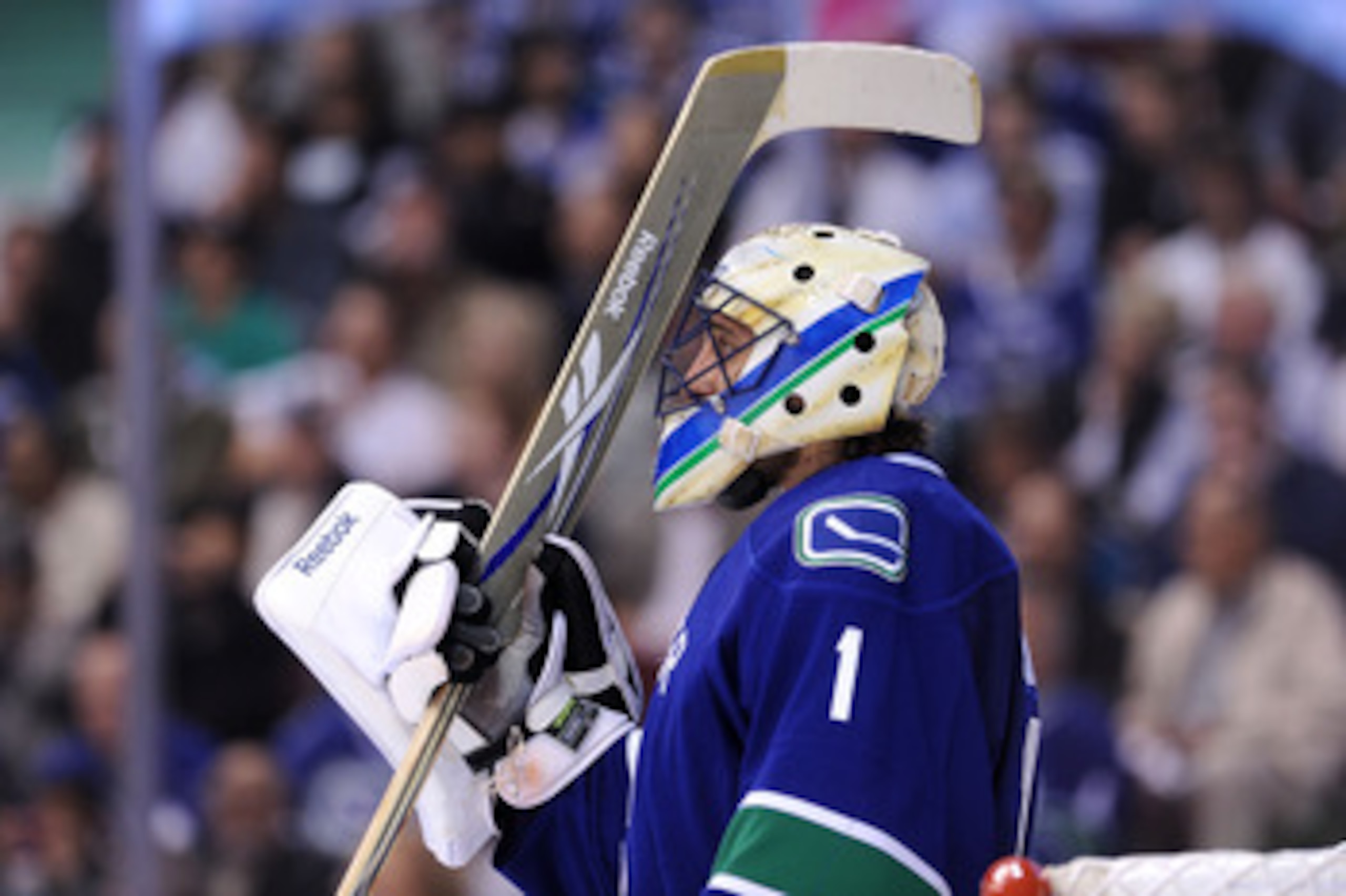 VANCOUVER, CANADA - MAY 24:  Goaltender Roberto Luongo #1 of the Vancouver Canucks looks on during Game Five of the Western Conference Finals against the San Jose Sharks during the 2011 Stanley Cup Playoffs at Rogers Arena on May 24, 2011 in Vancouver, Br