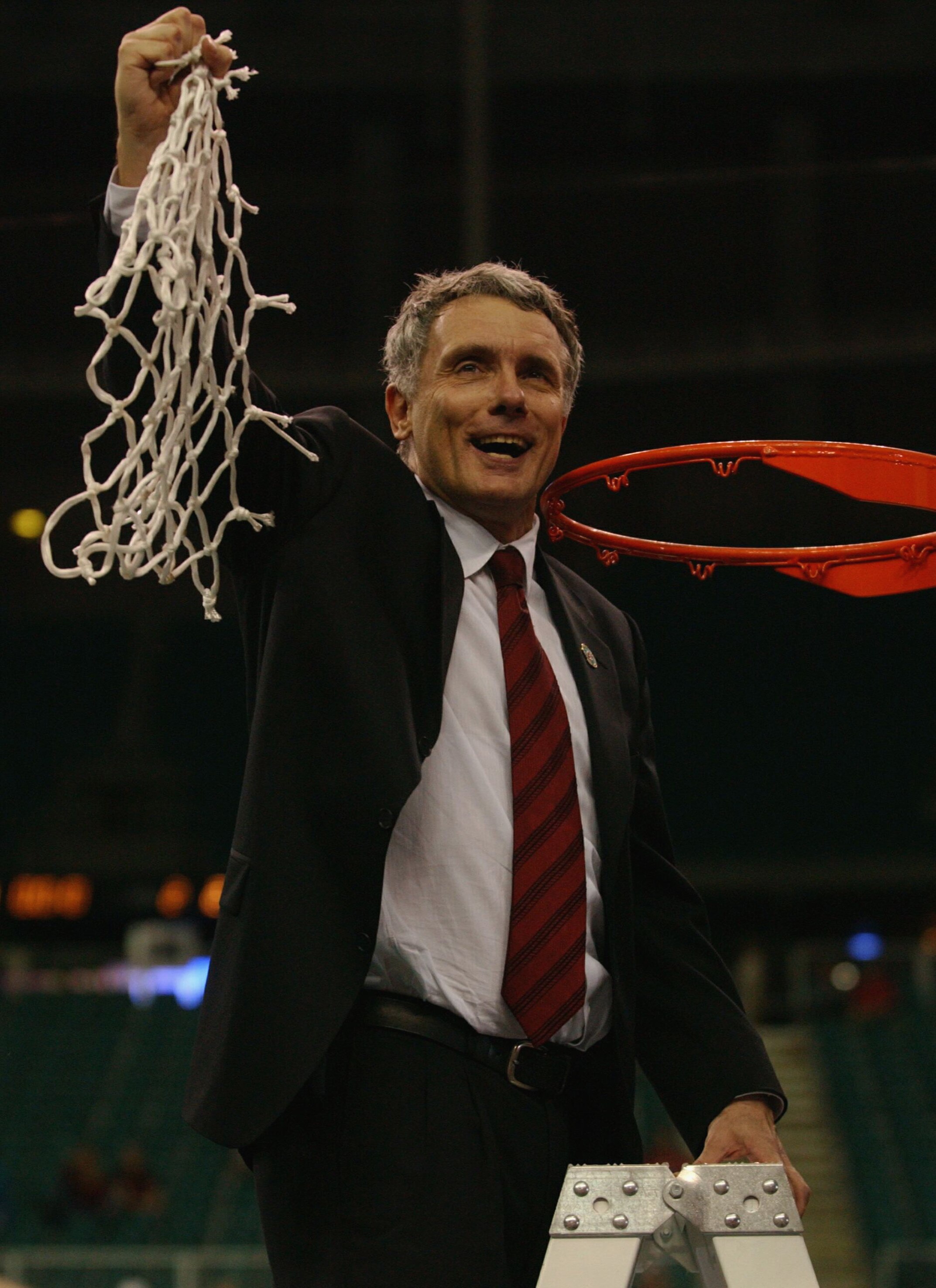 ATLANTA, GA - APRIL 1:  Head coach Gary Williams of the University of Maryland Terrapins celebrates after cutting down the net following the men's NCAA National Championship game against the Indiana University Hoosiers at the Georgia Dome in Atlanta, Geor
