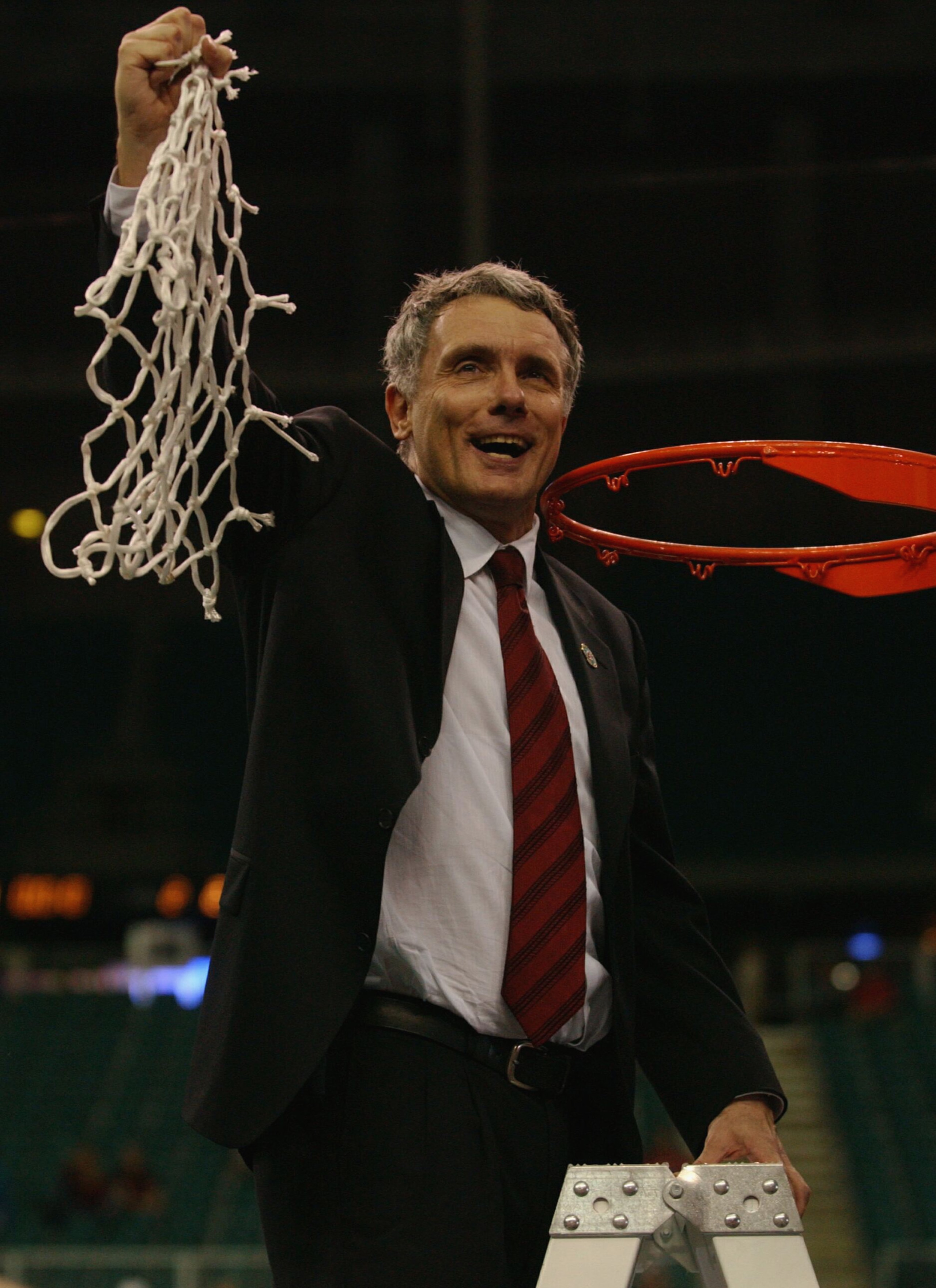 ATLANTA, GA - APRIL 1:  Head coach Gary Williams of the University of Maryland Terrapins celebrates after cutting down the net following the men's NCAA National Championship game against the Indiana University Hoosiers at the Georgia Dome in Atlanta, Geor