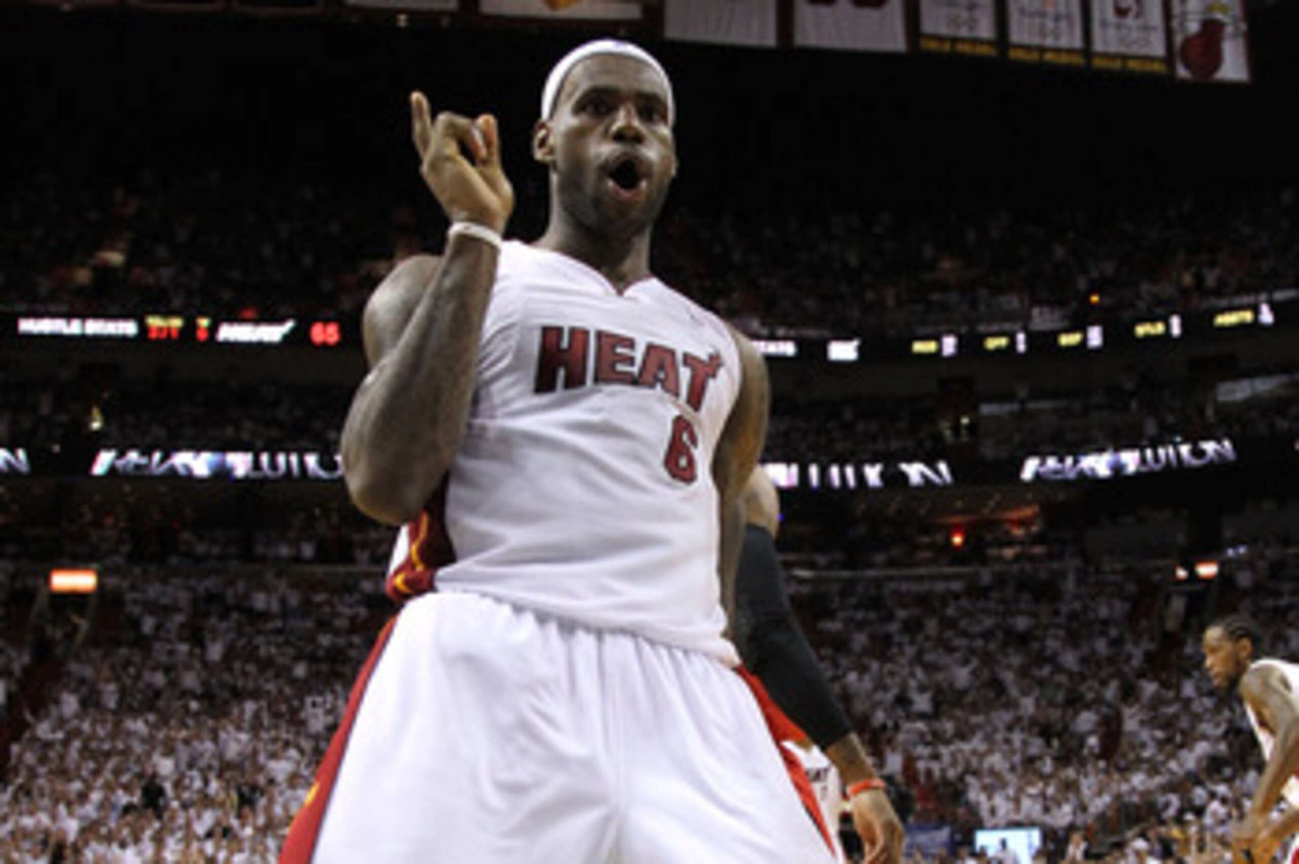 MIAMI, FL - MAY 24:  LeBron James #6 of the Miami Heat reacts in the second half against the Chicago Bulls in Game Four of the Eastern Conference Finals during the 2011 NBA Playoffs on May 24, 2011 at American Airlines Arena in Miami, Florida. NOTE TO USE