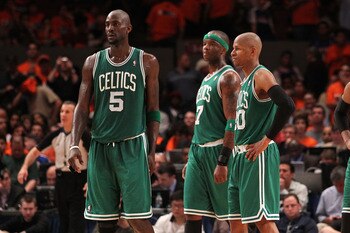NEW YORK, NY - APRIL 24:  (L-R) Kevin Garnett #5, Jermaine O'Neal #7, Ray Allen #20 and Paul Pierce #34 of the Boston Celtics look on against the New York Knicks in Game Four of the Eastern Conference Quarterfinals during the 2011 NBA Playoffs on April 24