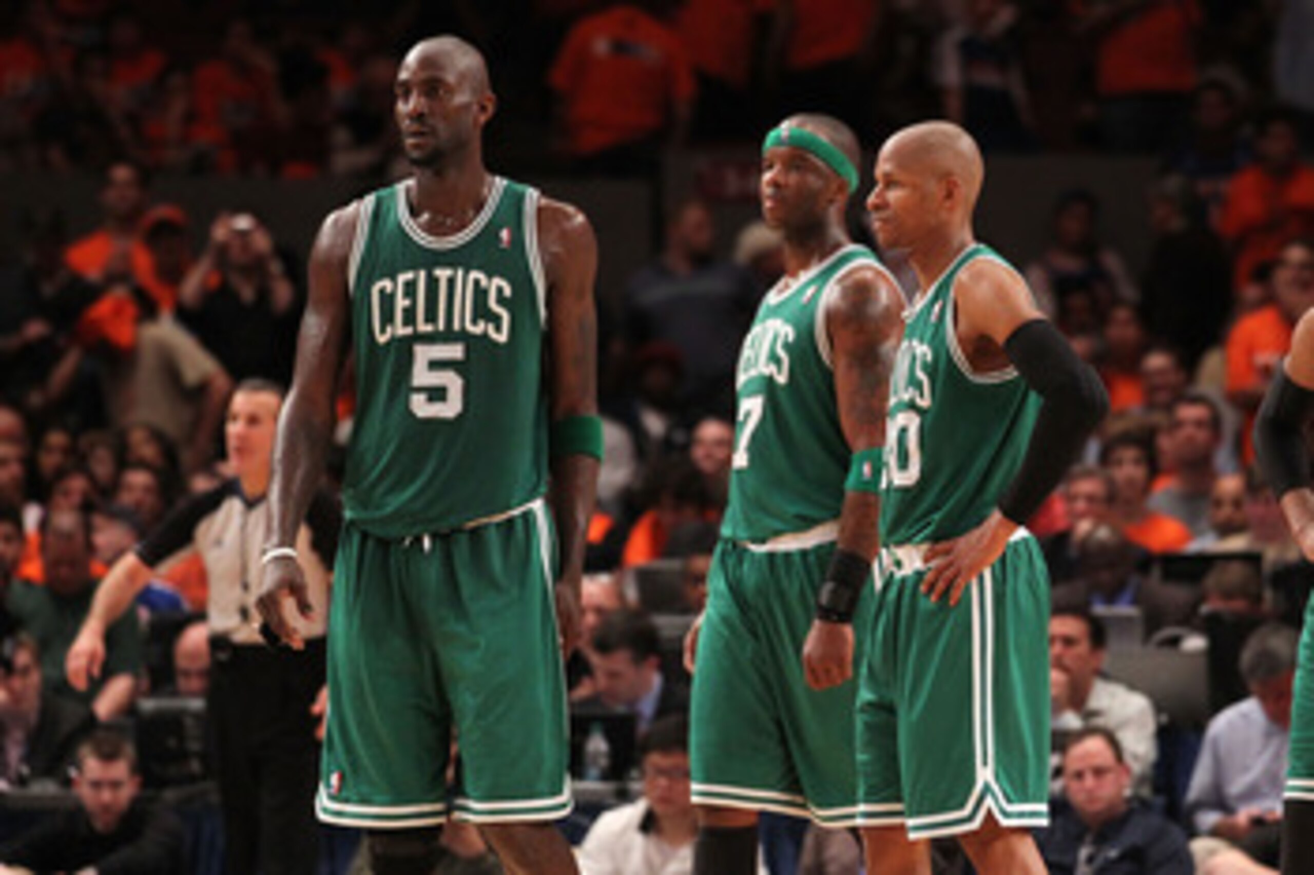 NEW YORK, NY - APRIL 24:  (L-R) Kevin Garnett #5, Jermaine O'Neal #7, Ray Allen #20 and Paul Pierce #34 of the Boston Celtics look on against the New York Knicks in Game Four of the Eastern Conference Quarterfinals during the 2011 NBA Playoffs on April 24