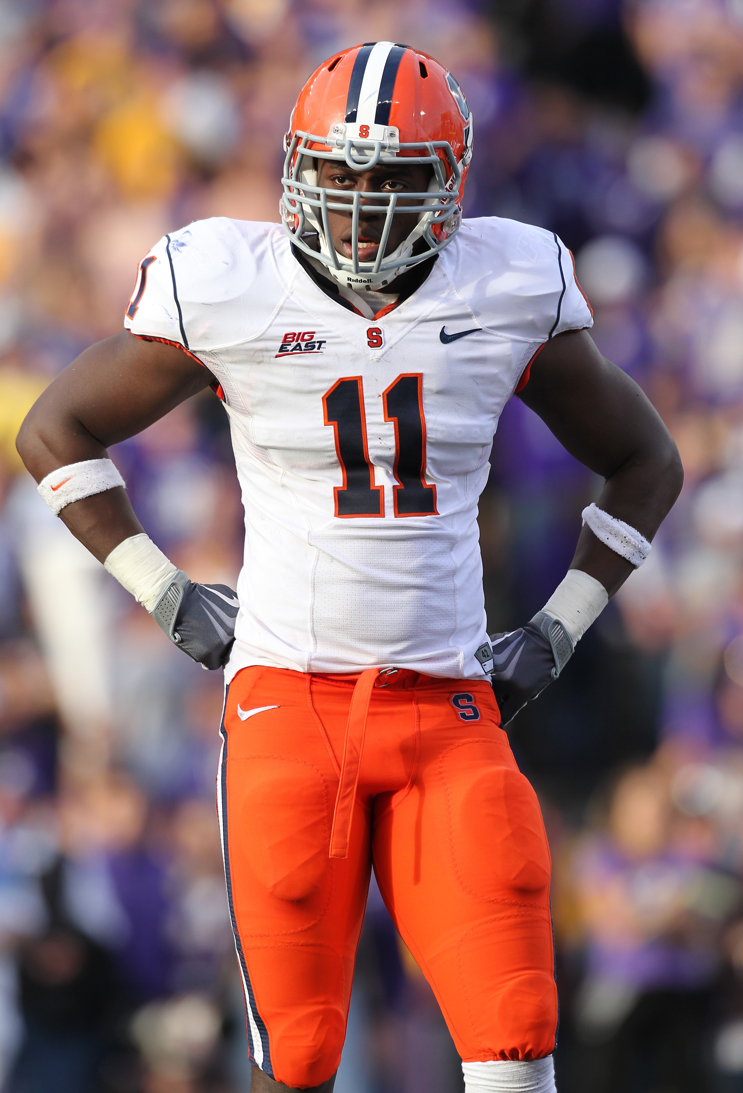 SEATTLE - SEPTEMBER 11:  Marquis Spruill #11 of the Syracuse Orange looks on during the game against the Washington Huskies on September 11, 2010 at Husky Stadium in Seattle, Washington. (Photo by Otto Greule Jr/Getty Images)