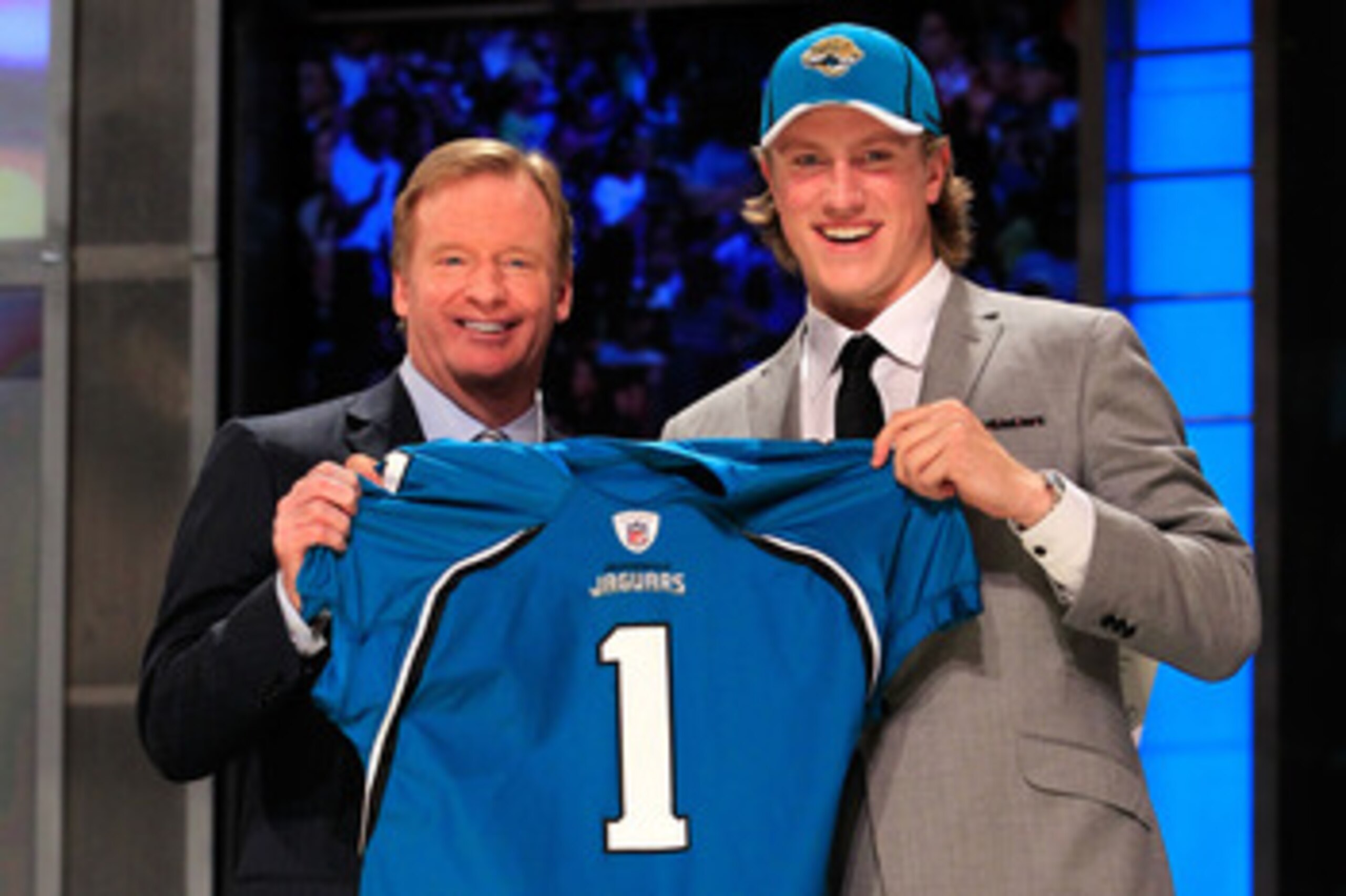 NEW YORK, NY - APRIL 28: NFL Commissoner Roger Goodell poses for a photo with Blaine Gabbert, #11 overall pick by the Jacksonville Jaguars, holds up a jersey during the 2011 NFL Draft at Radio City Music Hall on April 28, 2011 in New York City. (Photo b NEW YORK, NY - APRIL 28: NFL Commissoner Roger Goodell poses for a photo with Blaine Gabbert, #11 overall pick by the Jacksonville Jaguars, holds up a jersey during the 2011 NFL Draft at Radio City Music Hall on April 28, 2011 in New York City. (Photo b