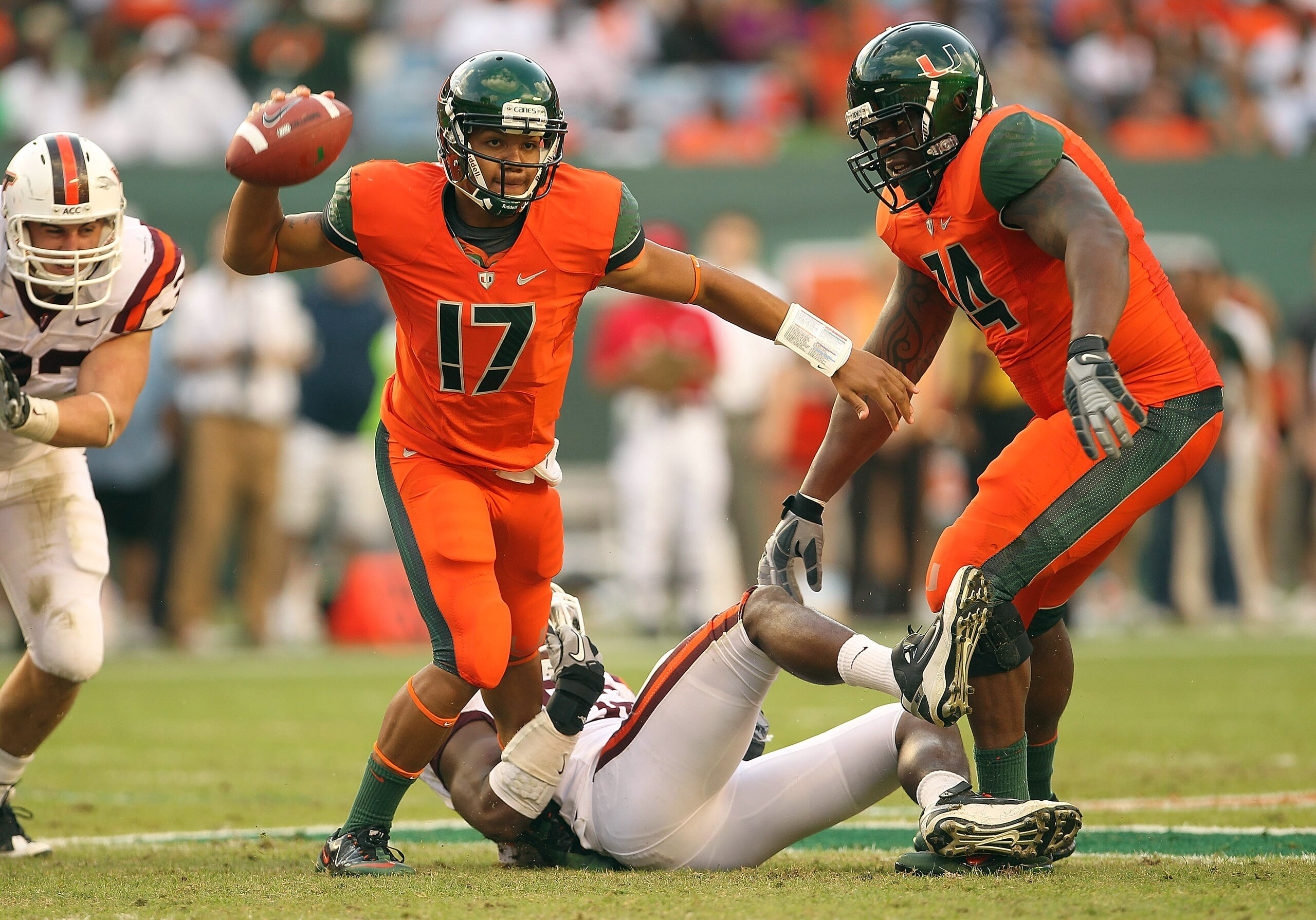 MIAMI - NOVEMBER 20: Stephen Morris #17 of the Miami Hurricanes passes out of trouble during a game against the Virginia Tech Hokies at Sun Life Stadium on November 20, 2010 in Miami, Florida. (Photo by Mike Ehrmann/Getty Images) MIAMI - NOVEMBER 20: Stephen Morris #17 of the Miami Hurricanes passes out of trouble during a game against the Virginia Tech Hokies at Sun Life Stadium on November 20, 2010 in Miami, Florida. (Photo by Mike Ehrmann/Getty Images)