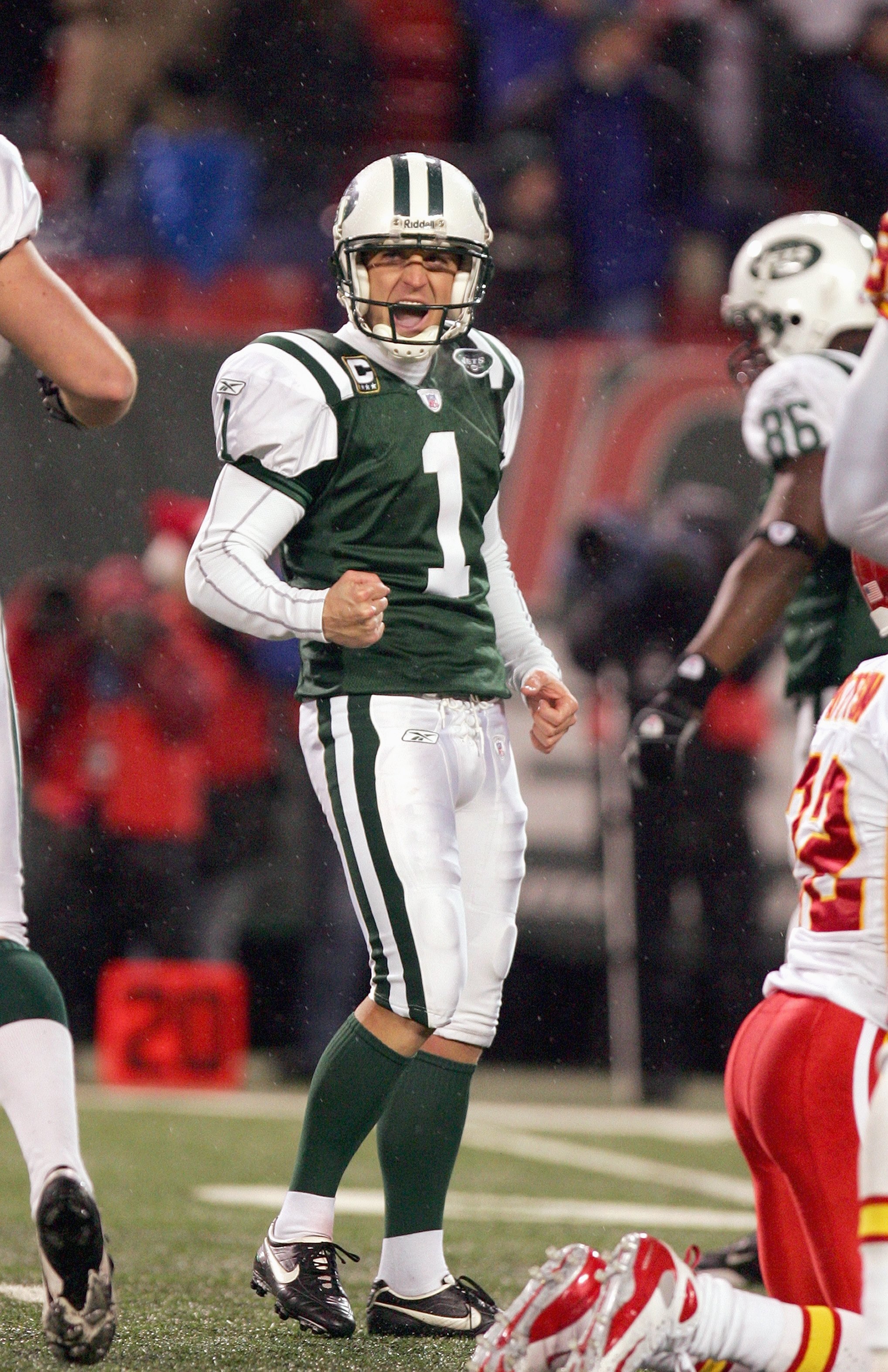 EAST RUTHERFORD, NJ - DECEMBER 30: Mike Nugent #1 of the New York Jets celebrates his game winning field goal in overtime with Ben Graham #7 against the Kansas City Chiefs during their game on December 30th, 2007 at The Meadowlands in East Rutherford, New