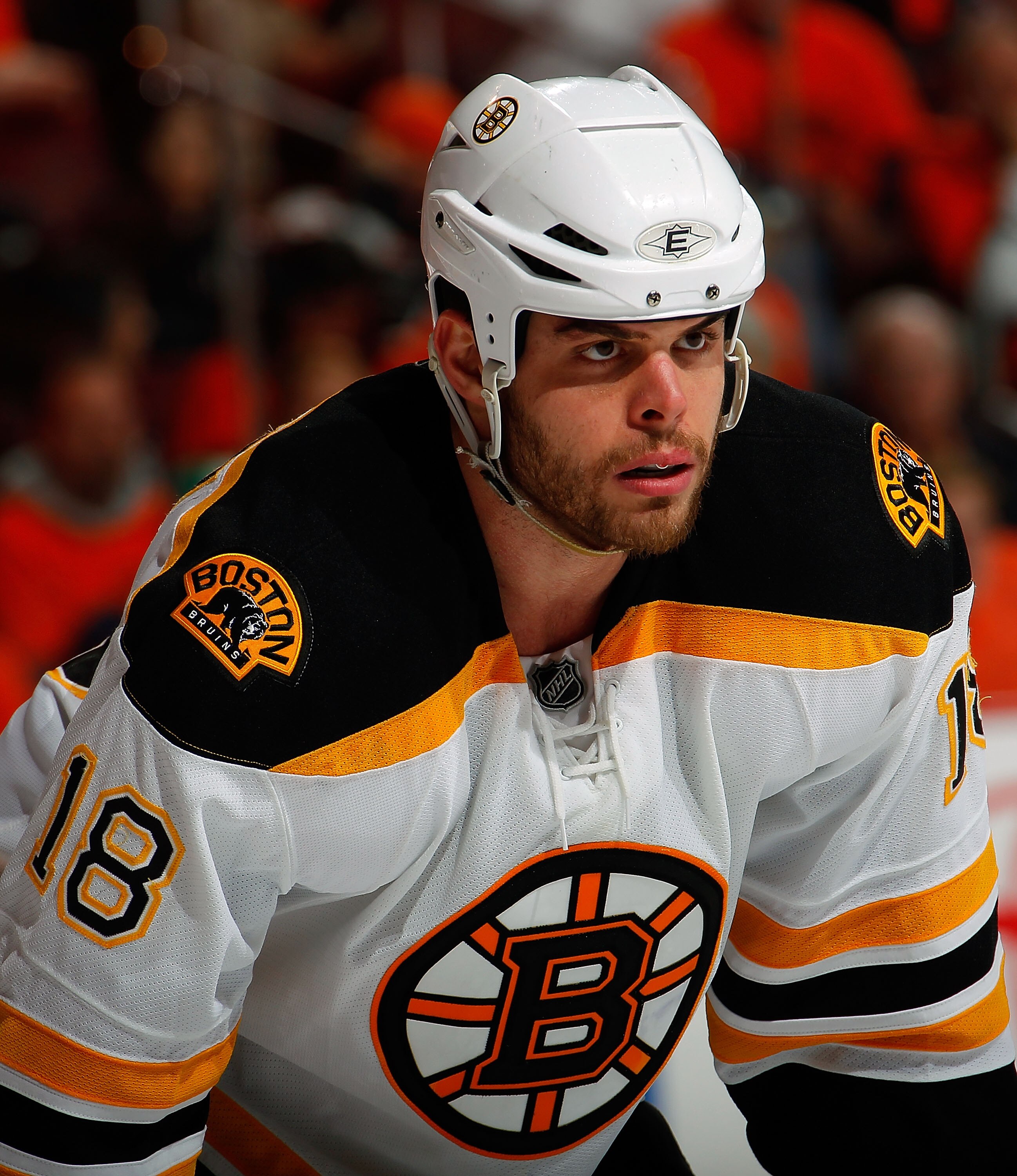 PHILADELPHIA, PA - MAY 02:  Nathan Horton #18 of the Boston Bruins waits for a faceoff during Game Two of the Eastern Conference Semifinals against the Philadelphia Flyers during the 2011 NHL Stanley Cup Playoffs at Wells Fargo Center on May 2, 2011 in Ph