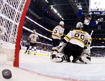 TAMPA, FL - MAY 25:  Teddy Purcell #16 of the Tampa Bay Lightning scores a first period goal past Tim Thomas #30 of the Boston Bruins in Game Six of the Eastern Conference Finals during the 2011 NHL Stanley Cup Playoffs at St Pete Times Forum on May 25, 2