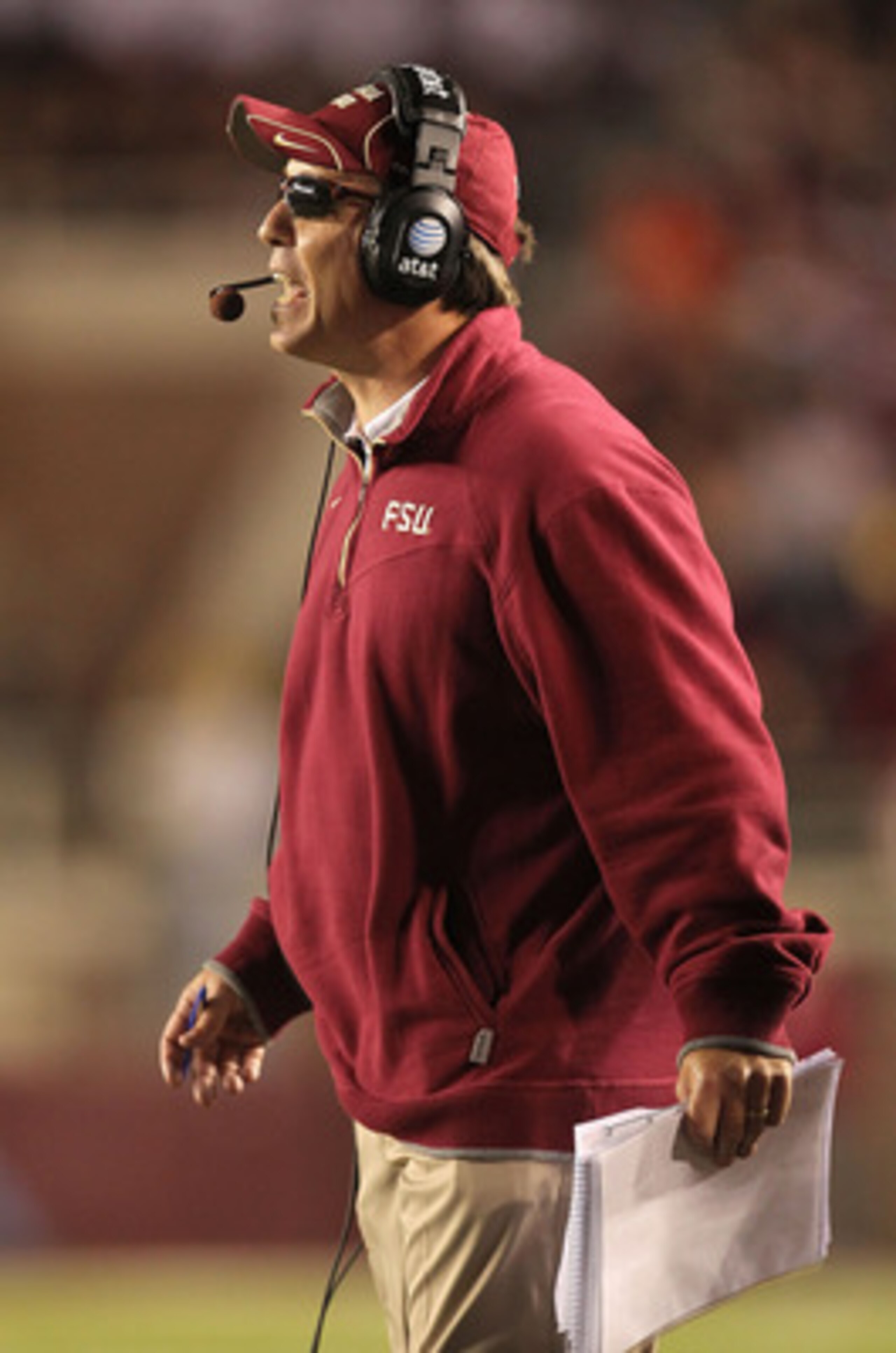 TALLAHASSEE, FL - NOVEMBER 27:  Florida State Seminoles head coach Jimbo Fisher yells from the sidelines during a game against the Florida Gators at Doak Campbell Stadium on November 27, 2010 in Tallahassee, Florida.  (Photo by Mike Ehrmann/Getty Images)