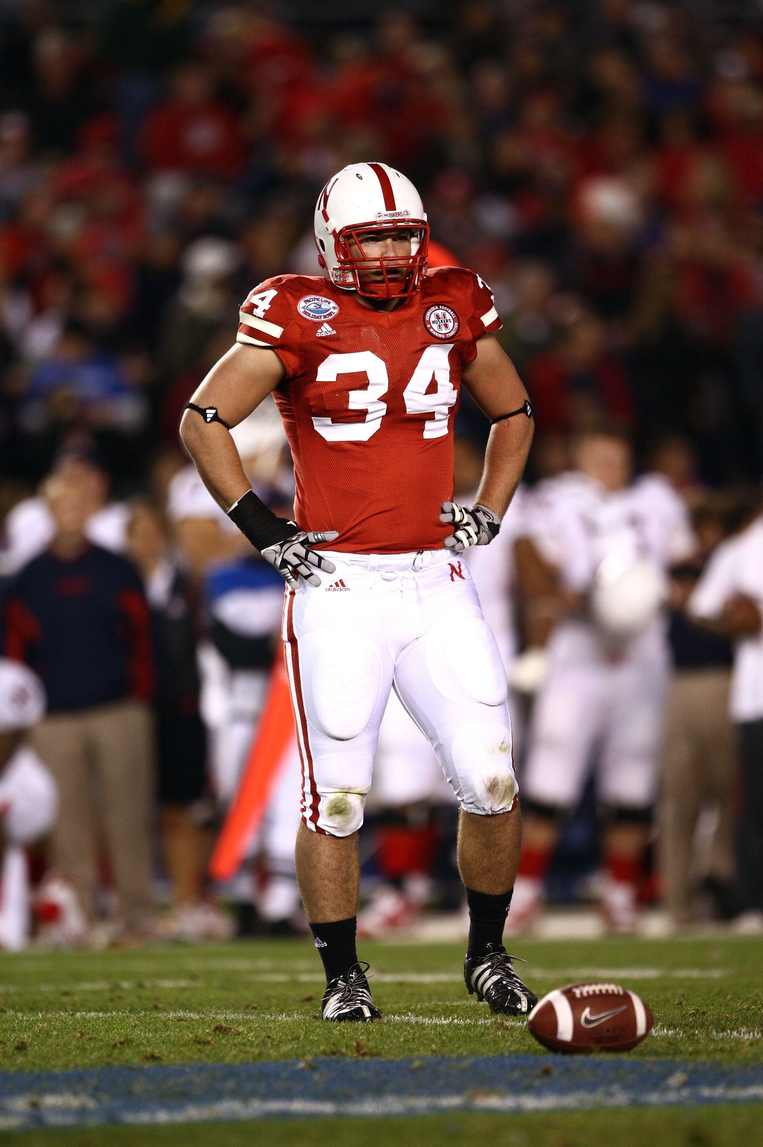 SAN DIEGO - DECEMBER 30:  Cameron Meredith #34 of the University of Nebraska Cornhuskers looks on during the Pacific Life Holiday Bowl against University of Arizona Wildcats on December 30, 2009 at Qualcomm Stadium in San Diego, California. The Cornhusker