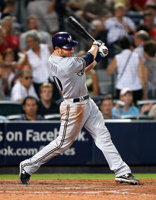 ATLANTA - JULY 15:  Jonathan Lucroy #20 of the Milwaukee Brewers against the Atlanta Braves at Turner Field on July 15, 2010 in Atlanta, Georgia.  (Photo by Kevin C. Cox/Getty Images)