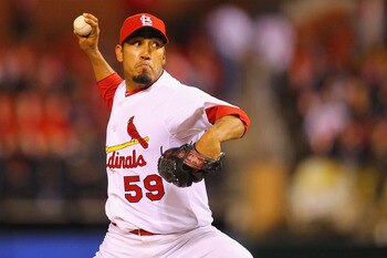 ST. LOUIS, MO - MAY 17: Reliever Fernando Salas #59 of the St. Louis Cardinals pitches against the Philadelphia Phillies at Busch Stadium on May 17, 2011 in St. Louis, Missouri.  (Photo by Dilip Vishwanat/Getty Images)