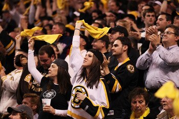 BOSTON, MA - MAY 23:  Boston Bruins fans cheer during their game against the Tampa Bay Lightning in Game Five of the Eastern Conference Finals during the 2011 NHL Stanley Cup Playoffs at TD Garden on May 23, 2011 in Boston, Massachusetts.  (Photo by Elsa/