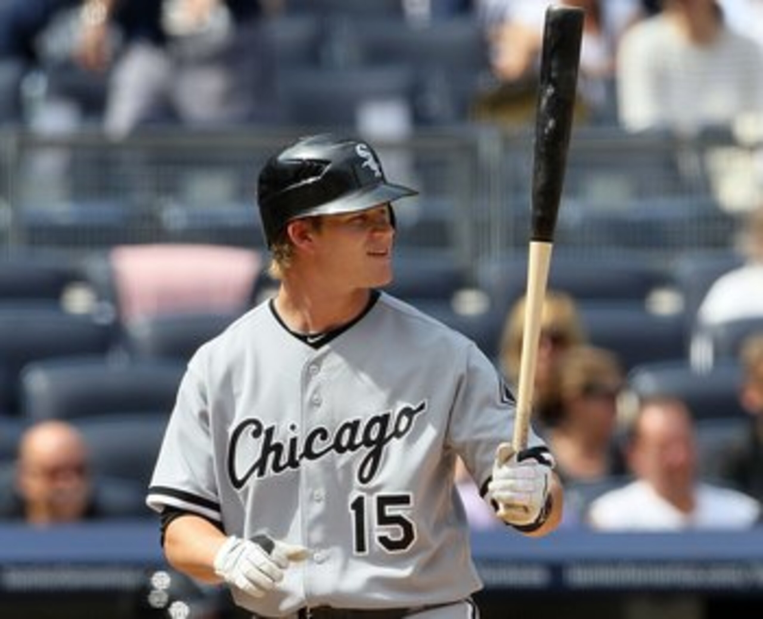 NEW YORK - MAY 02:  Gordon Beckham #15 of the Chicago White Sox bats against the New York Yankees on May 2, 2010 at Yankee Stadium in the Bronx borough of New York City. The Yankees defeated the White Sox 12-3.  (Photo by Jim McIsaac/Getty Images)