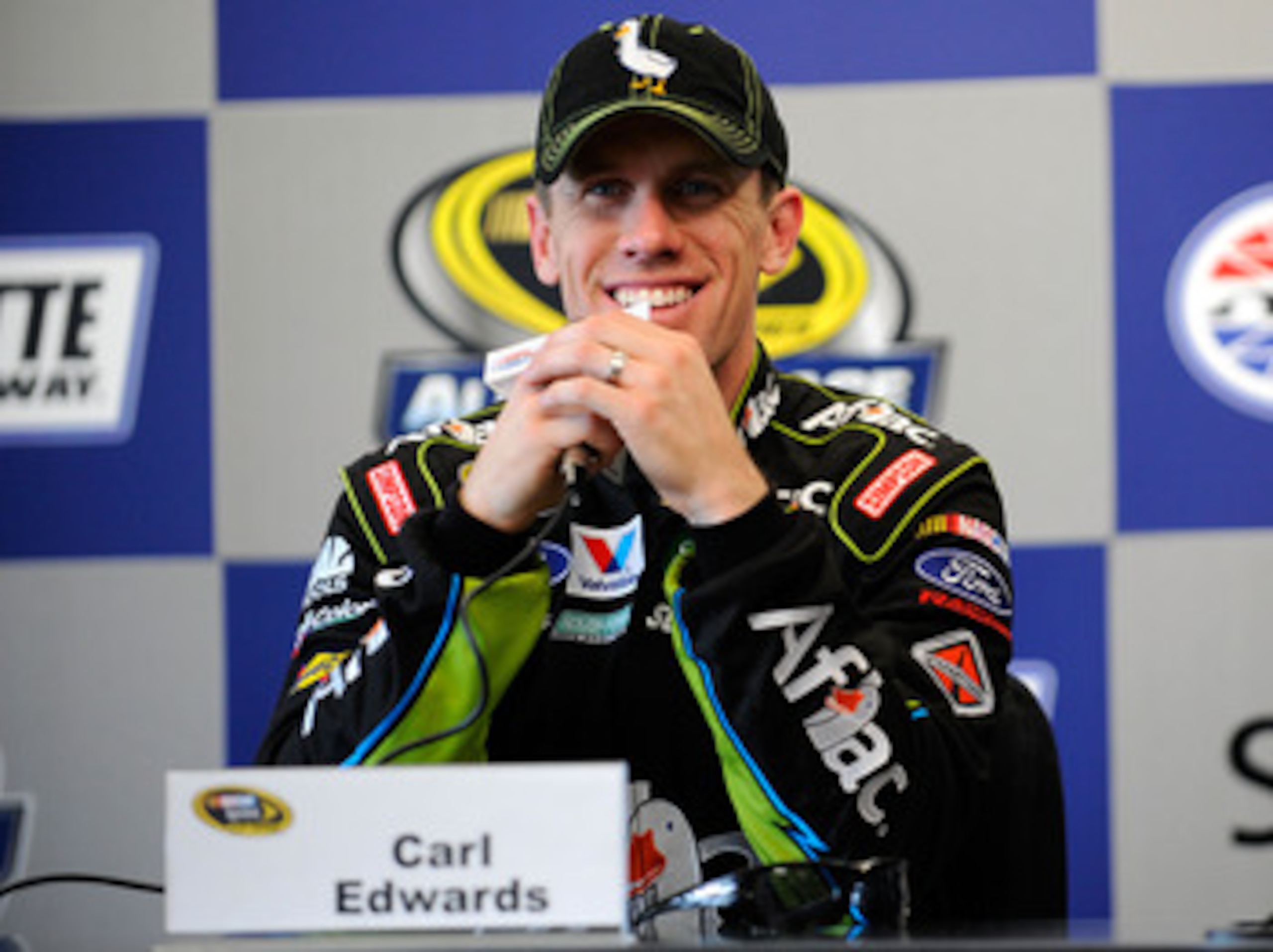 CHARLOTTE, NC - MAY 20:  Carl Edwards, driver of the #99 Aflac Ford, speaks at a press conference during practice for the NASCAR Sprint All-Star Race at Charlotte Motor Speedway on May 20, 2011 in Charlotte, North Carolina.  (Photo by Jared C. Tilton/Gett
