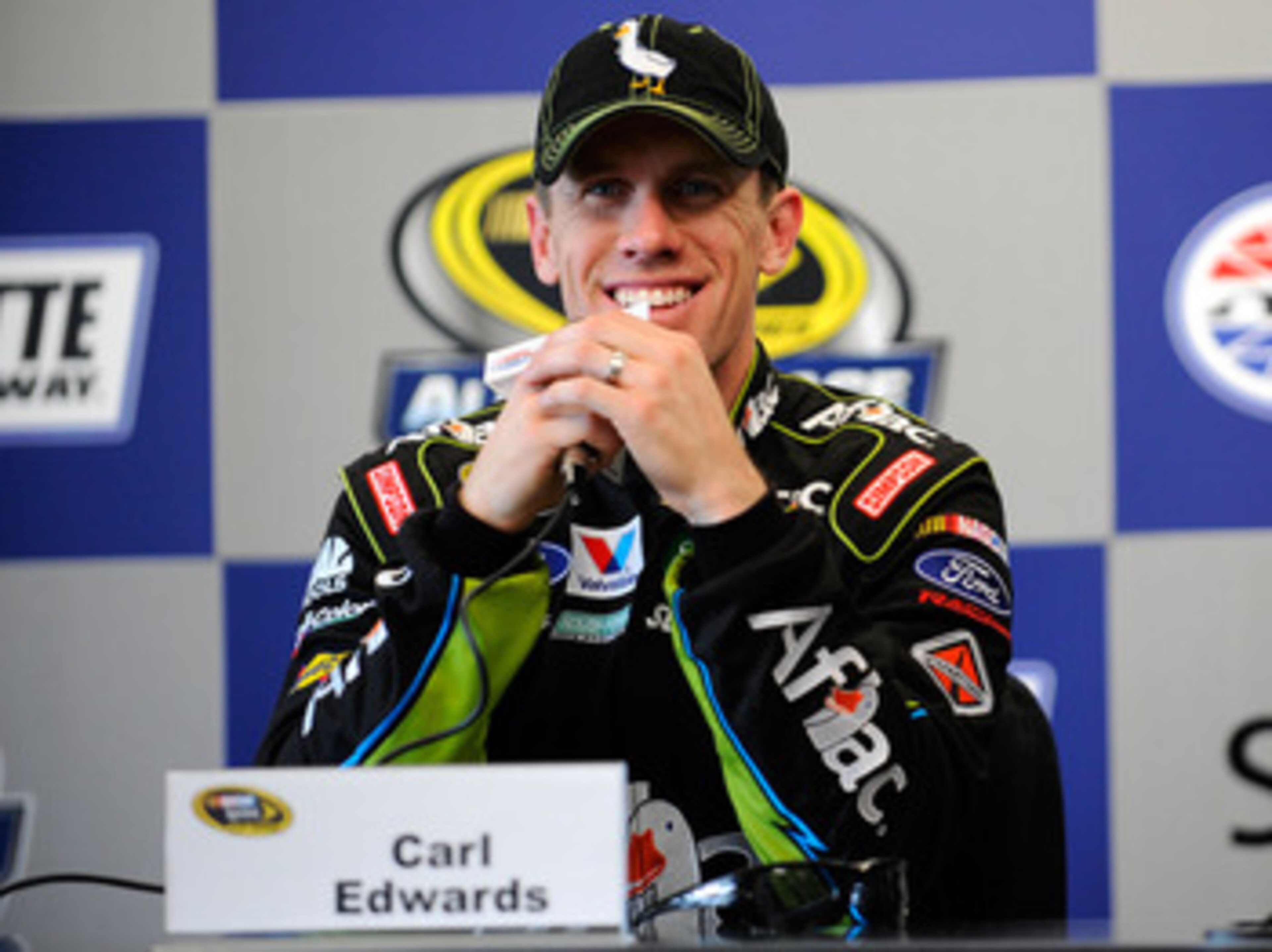 CHARLOTTE, NC - MAY 20:  Carl Edwards, driver of the #99 Aflac Ford, speaks at a press conference during practice for the NASCAR Sprint All-Star Race at Charlotte Motor Speedway on May 20, 2011 in Charlotte, North Carolina.  (Photo by Jared C. Tilton/Gett