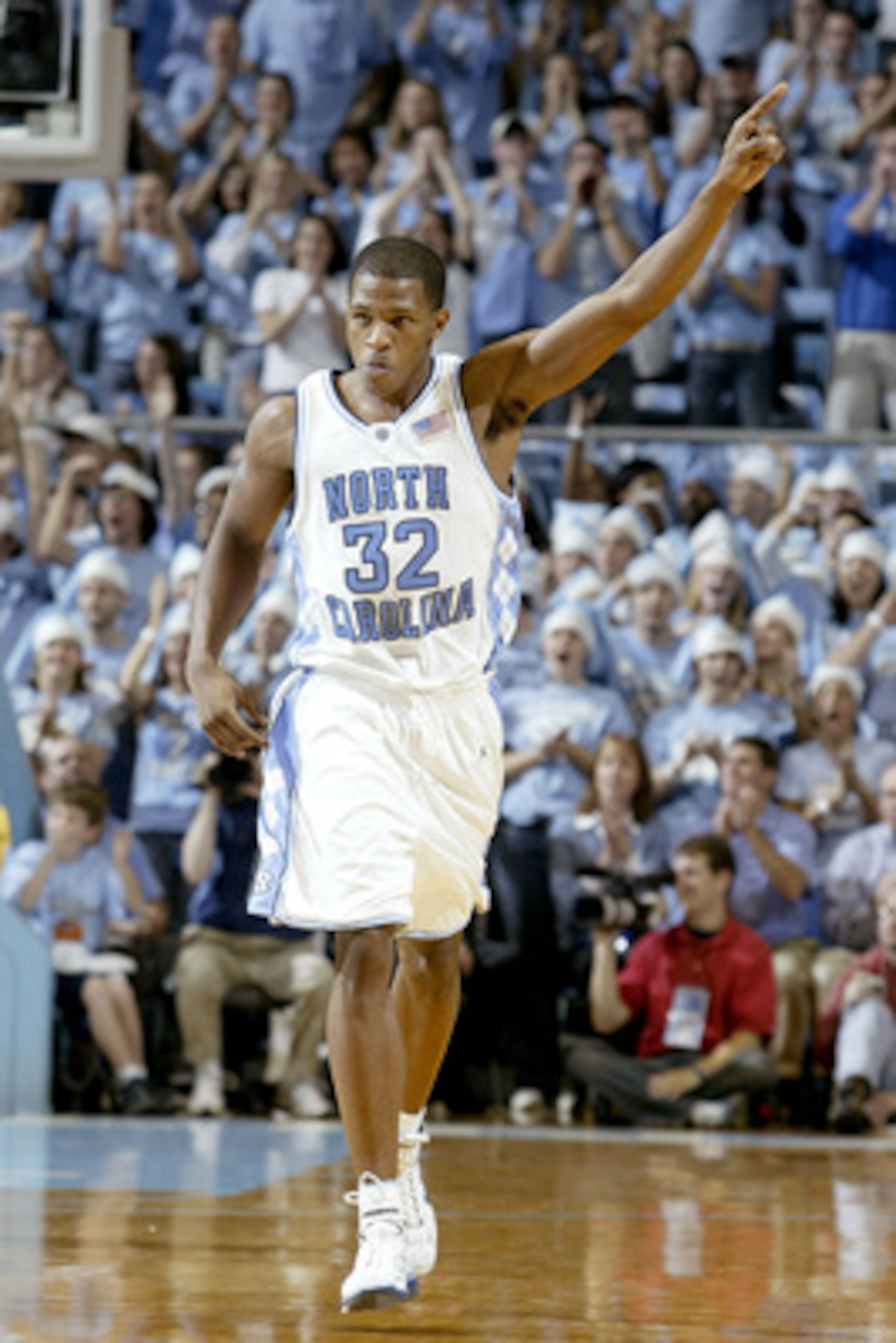 CHAPEL HILL, NC - DECEMBER 4:  Rashad McCants #32 of the North Carolina Tar Heels celebrates during their game against the Kentucky Wildcats on December 4, 2004 at the Dean E. Smith Center in Chapel Hill, North Carolina.  (Photo by Craig Jones/Getty Image