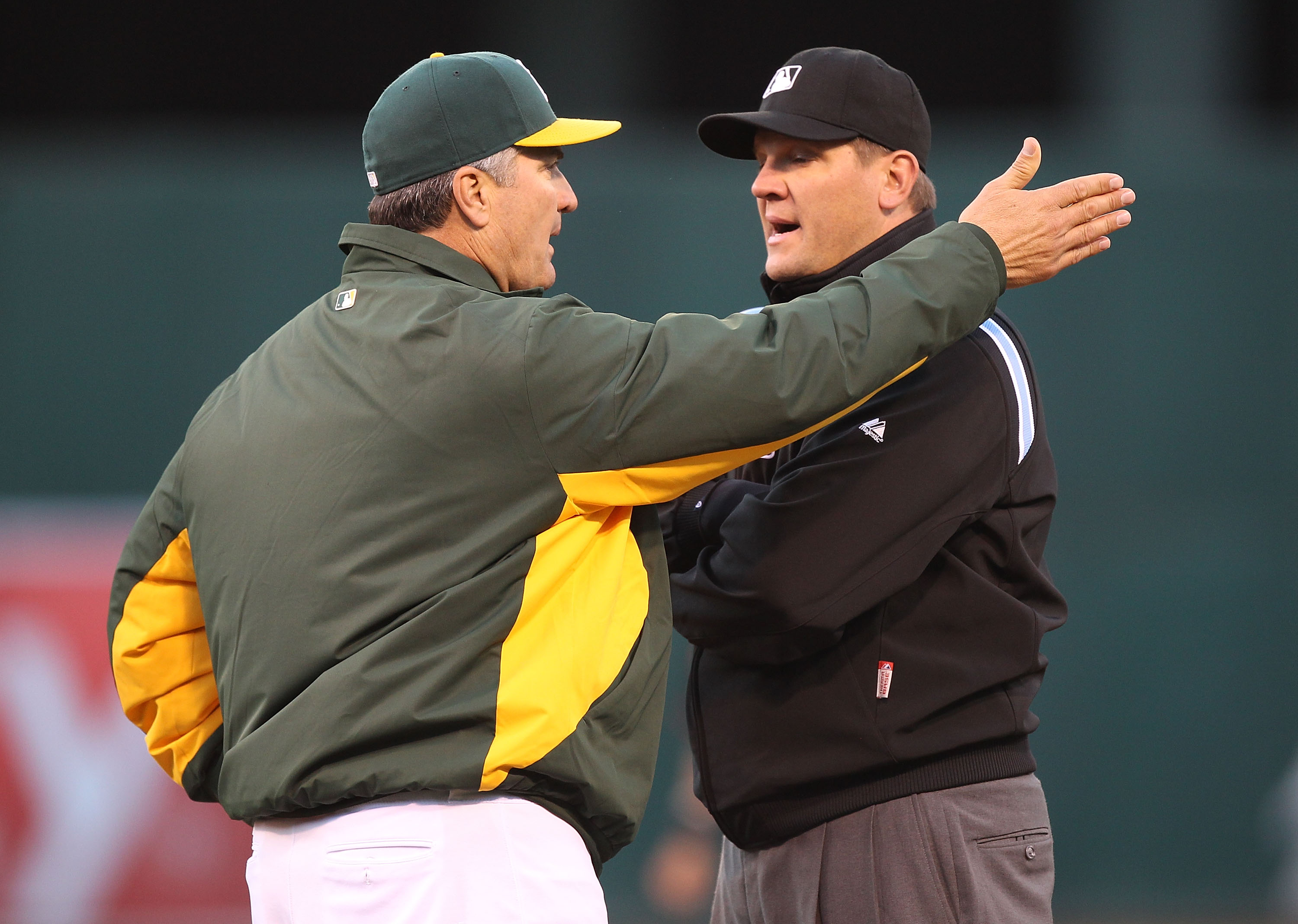 OAKLAND, CA - MAY 27:  Manager Bob Geren of the Oakland Athletics argues with umpire Chad Fairchild on a foul ball call in the second inning against the Baltimore Orioles during a Major League Baseball game at the Oakland-Alameda County Coliseum on May 27
