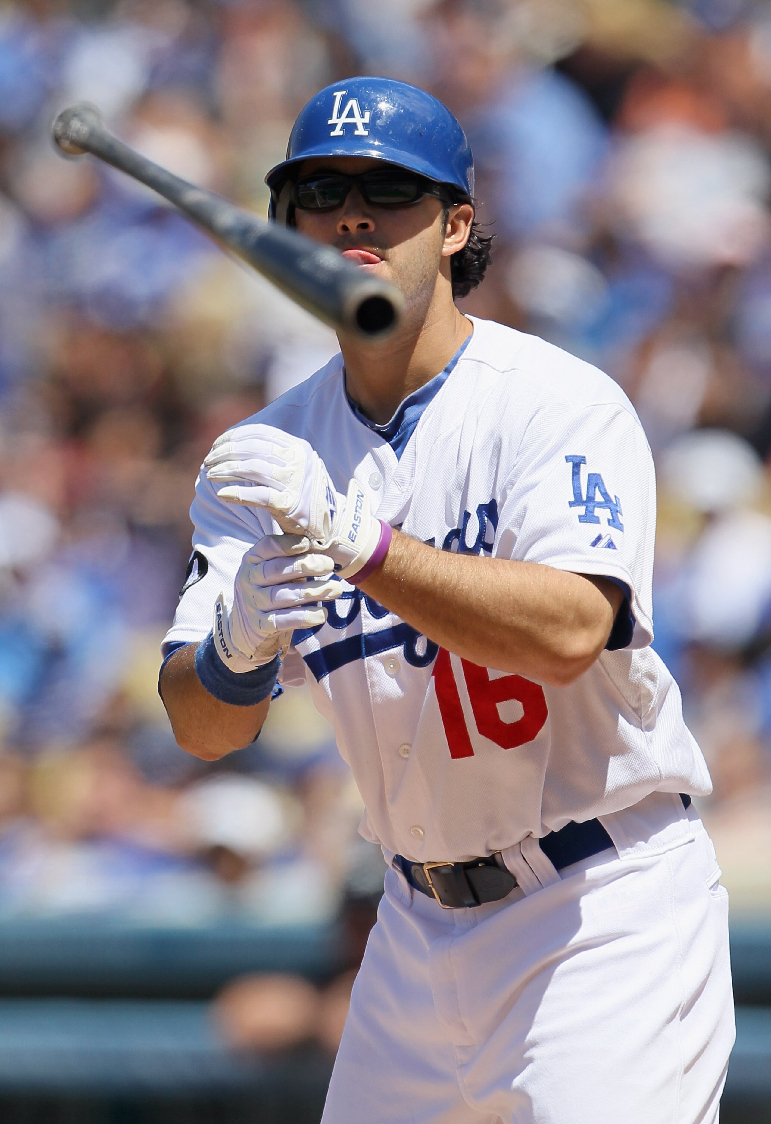 LOS ANGELES, CA - MAY 29:  Andre Ethier #16 of the Los Angeles Dodgers tosses his bat after drawing a walk against the Florida Marlins in the fourth inning against at Dodger Stadium on May 29, 2011 in Los Angeles, California. The Dodgers defeated the Marl