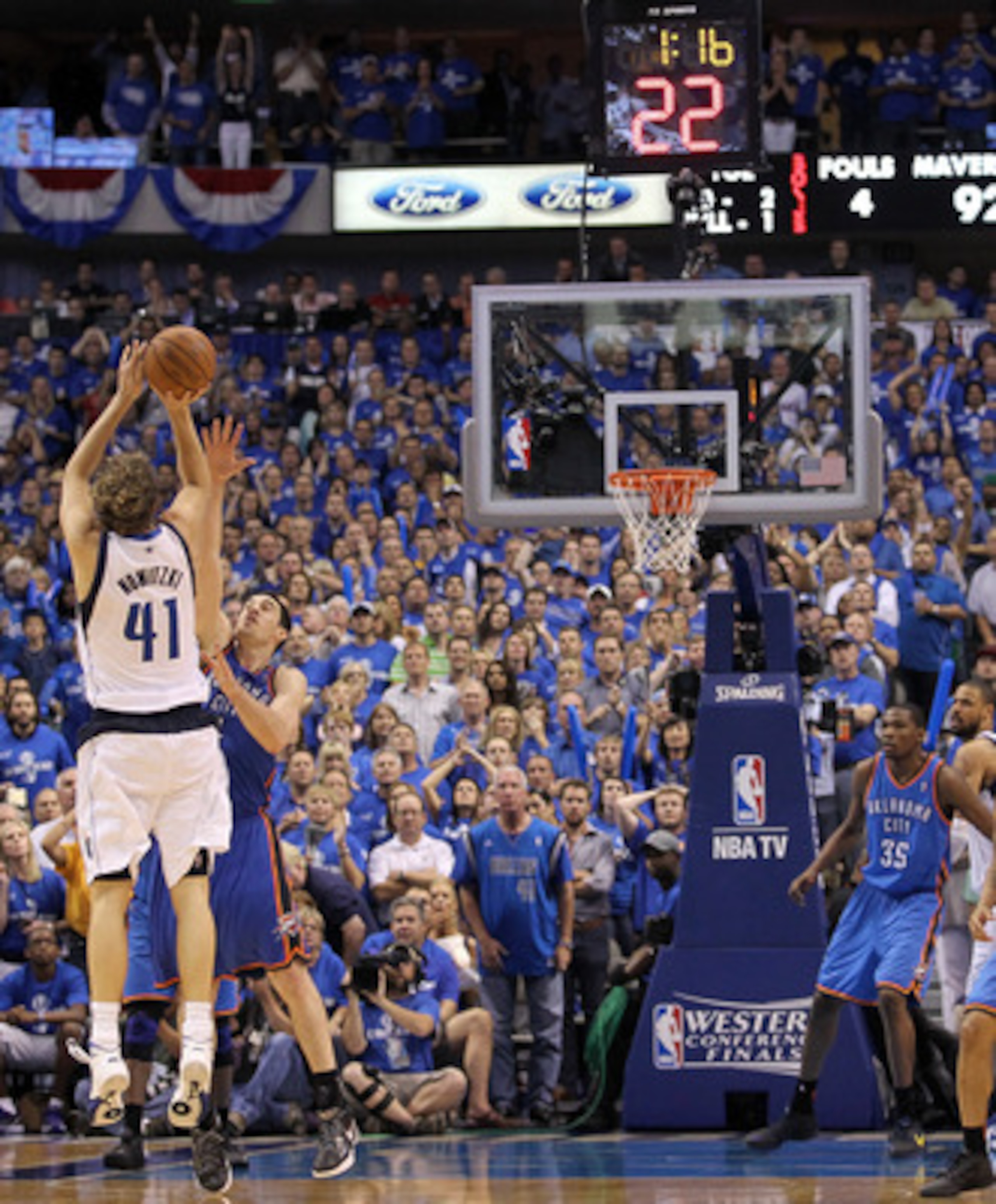 OKLAHOMA CITY, OK - MAY 21: Dirk Nowitzki #41 of the Dallas Mavericks goes up for a shot against Nick Collison #4 of the Oklahoma City Thunder in Game Three of the Western Conference Finals during the 2011 NBA Playoffs at Oklahoma City Arena on May 21, 2 OKLAHOMA CITY, OK - MAY 21: Dirk Nowitzki #41 of the Dallas Mavericks goes up for a shot against Nick Collison #4 of the Oklahoma City Thunder in Game Three of the Western Conference Finals during the 2011 NBA Playoffs at Oklahoma City Arena on May 21, 2