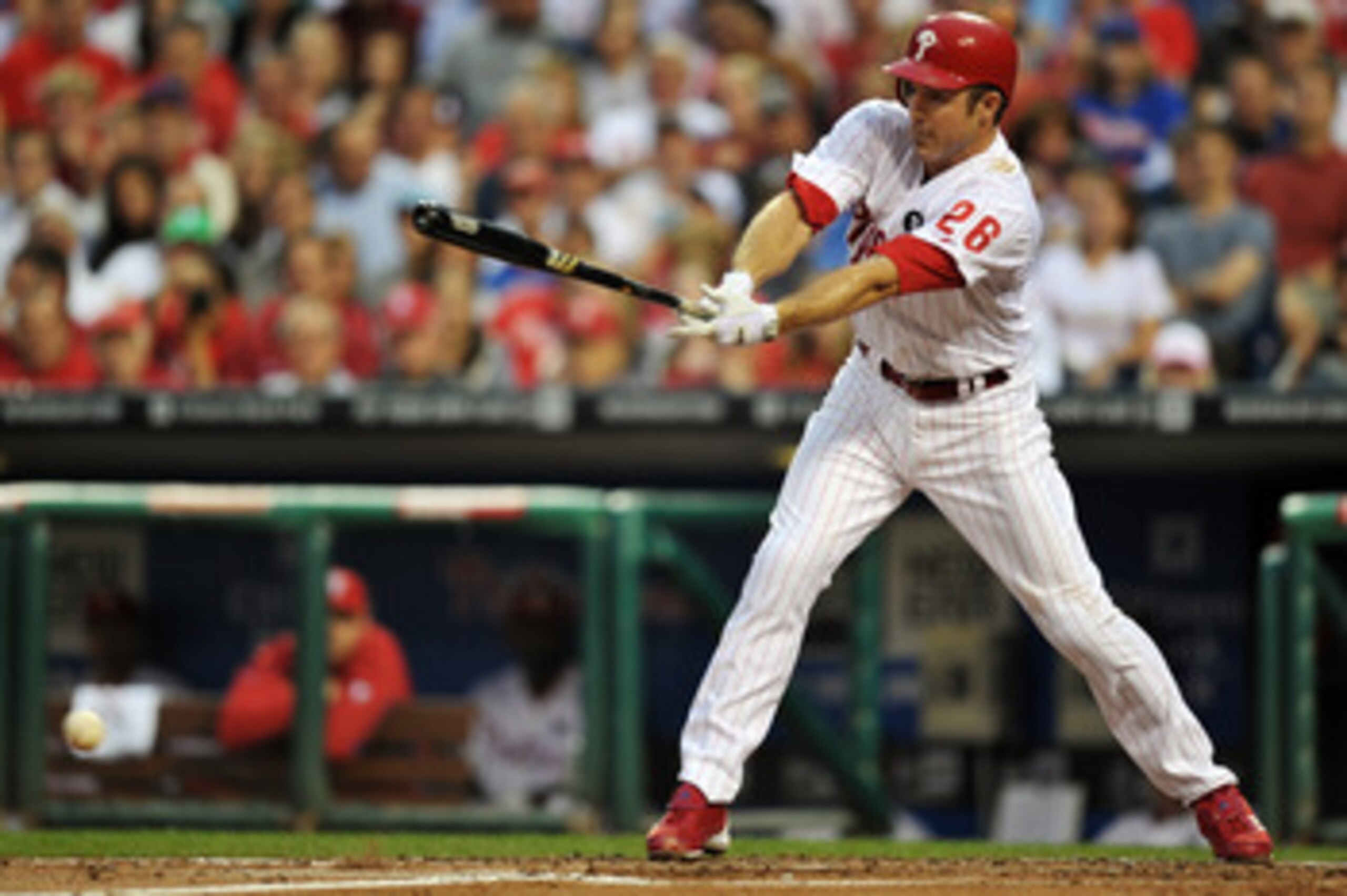 PHILADELPHIA, PA - MAY 23: Chase Utley #26 of the Philadelphia Phillies grounds out in his first game back this season during the game against the Cincinnati Reds at Citizens Bank Park on May 23, 2011 in Philadelphia, Pennsylvania. (Photo by Drew Hallowel