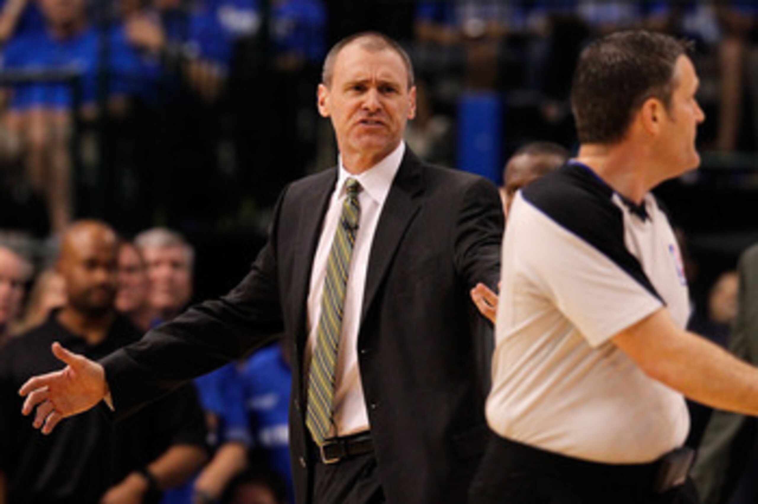 DALLAS, TX - MAY 25: Head coach Rick Carlisle of the Dallas Mavericks looks over at referee Monty McCutchen #13 in the first half while taking on the Oklahoma City Thunder in Game Five of the Western Conference Finals during the 2011 NBA Playoffs at Amer DALLAS, TX - MAY 25: Head coach Rick Carlisle of the Dallas Mavericks looks over at referee Monty McCutchen #13 in the first half while taking on the Oklahoma City Thunder in Game Five of the Western Conference Finals during the 2011 NBA Playoffs at Amer