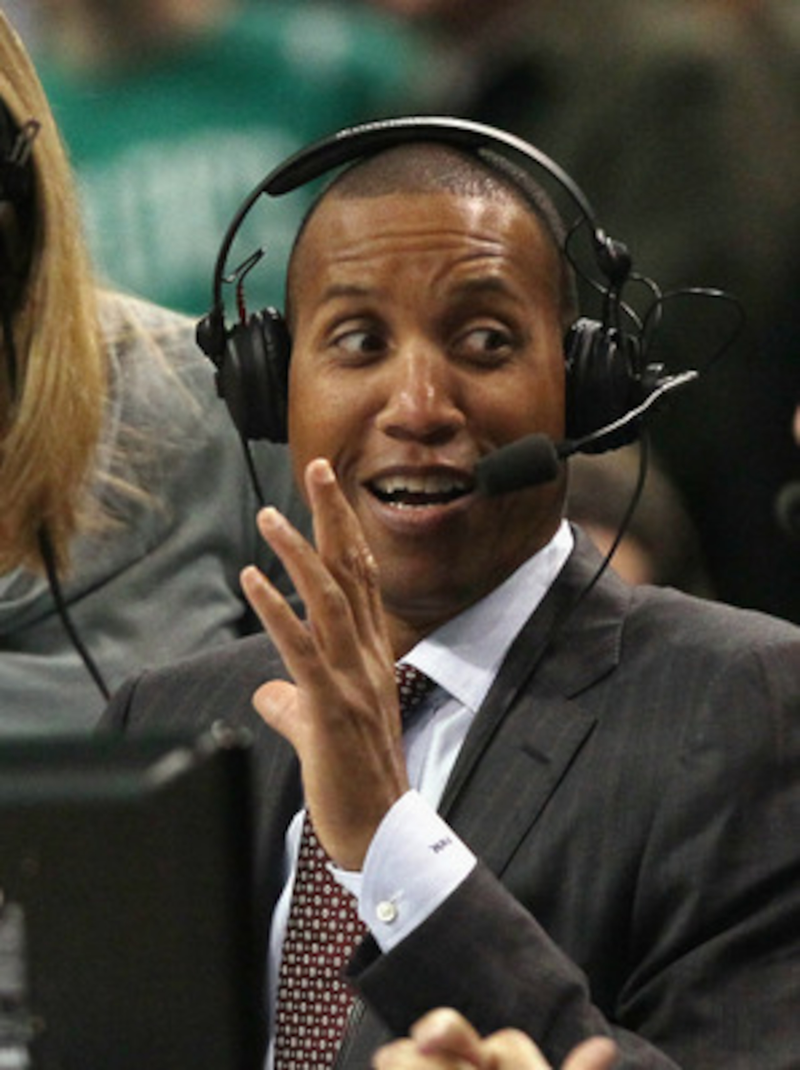 BOSTON, MA - FEBRUARY 10:  Former Indiana Pacer and former NBA 3-point all time record holder, Reggie Miller reacts after Ray Allen #20 of the Boston Celtics tied his record in the first quarter against the Los Angeles Lakers on February 10, 2011 at the T