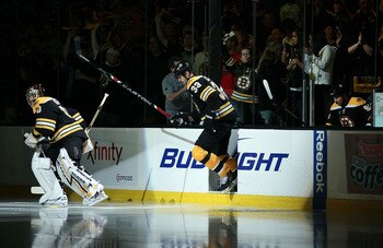 BOSTON - MAY 14:  Tuukka Rask #40 and Zdeno Chara #33 of the Boston Bruins step on the ice before the game against the Philadelphia Flyers in Game Seven of the Eastern Conference Semifinals during the 2010 NHL Stanley Cup Playoffs at TD Garden on May 14,