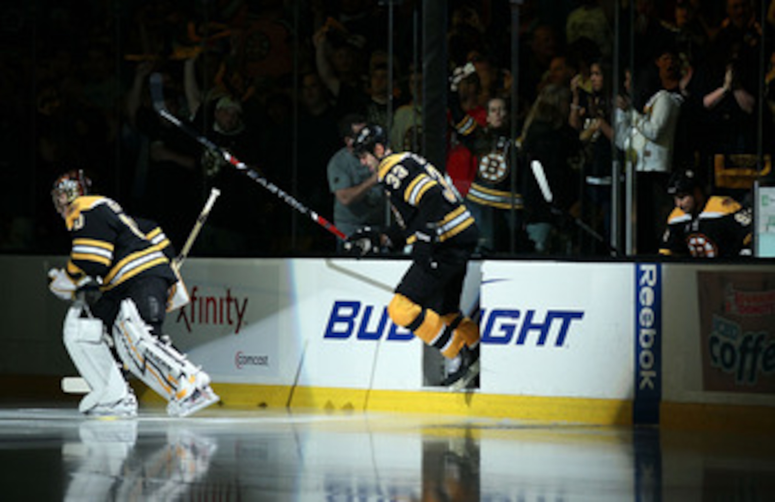 BOSTON - MAY 14:  Tuukka Rask #40 and Zdeno Chara #33 of the Boston Bruins step on the ice before the game against the Philadelphia Flyers in Game Seven of the Eastern Conference Semifinals during the 2010 NHL Stanley Cup Playoffs at TD Garden on May 14,