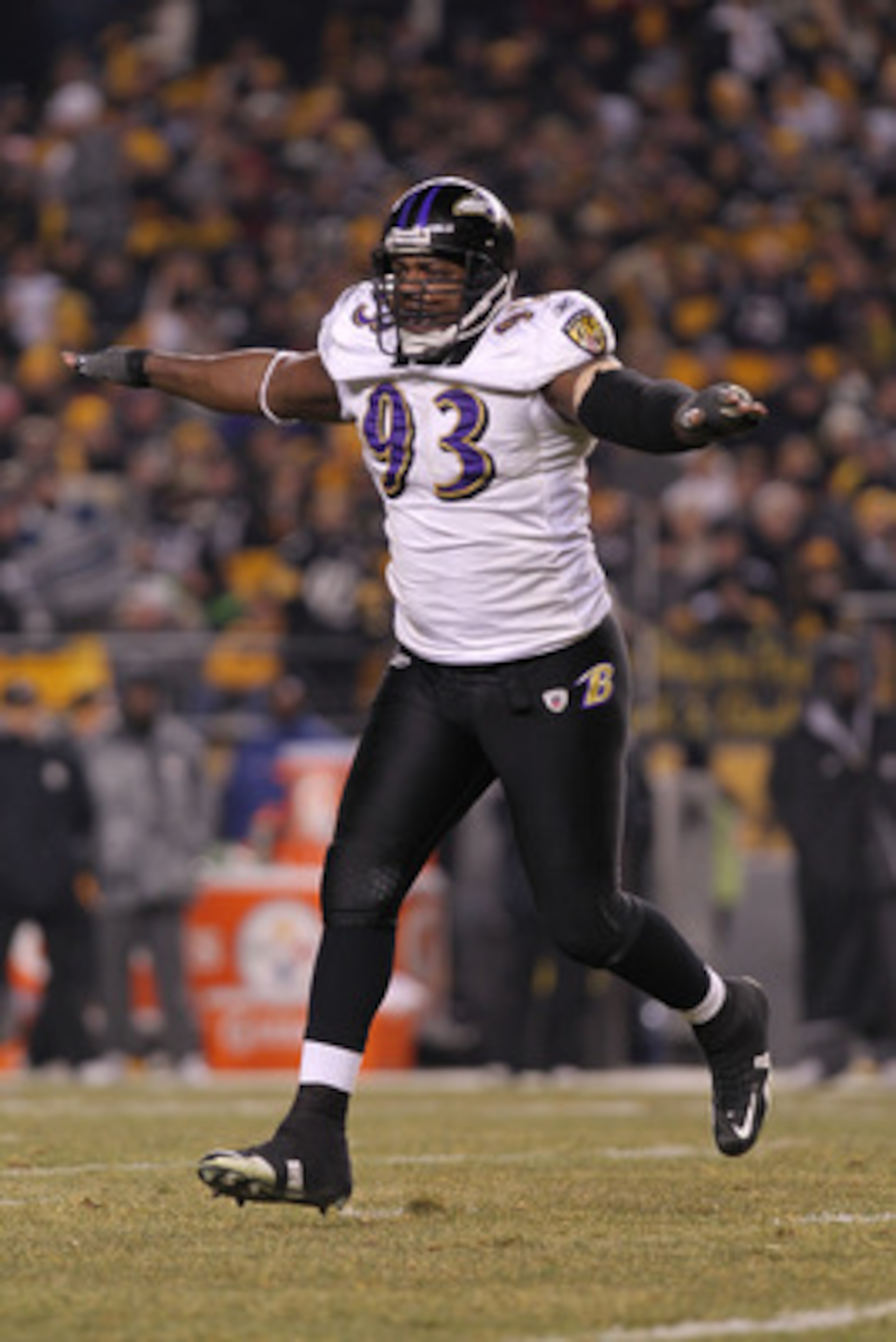 PITTSBURGH, PA - JANUARY 15:  Defensive end Cory Redding #93 of the Baltimore Ravens reacts after a play against the Pittsburgh Steelers during the AFC Divisional Playoff Game at Heinz Field on January 15, 2011 in Pittsburgh, Pennsylvania.  (Photo by Nick