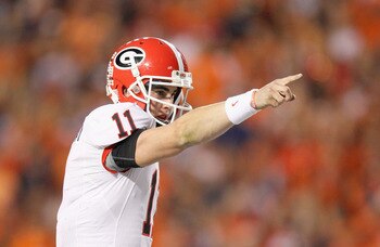AUBURN, AL - NOVEMBER 13:  Quarterback Aaron Murray #11 of the Georgia Bulldogs against the Auburn Tigers at Jordan-Hare Stadium on November 13, 2010 in Auburn, Alabama.  (Photo by Kevin C. Cox/Getty Images)