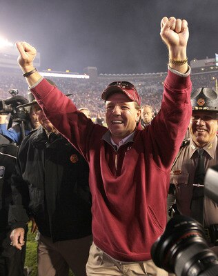 TALLAHASSEE, FL - NOVEMBER 27: Florida State Seminoles head coach Jimbo Fisher celebrates a win against the Florida Gators at Doak Campbell Stadium on November 27, 2010 in Tallahassee, Florida. (Photo by Mike Ehrmann/Getty Images) TALLAHASSEE, FL - NOVEMBER 27: Florida State Seminoles head coach Jimbo Fisher celebrates a win against the Florida Gators at Doak Campbell Stadium on November 27, 2010 in Tallahassee, Florida. (Photo by Mike Ehrmann/Getty Images)