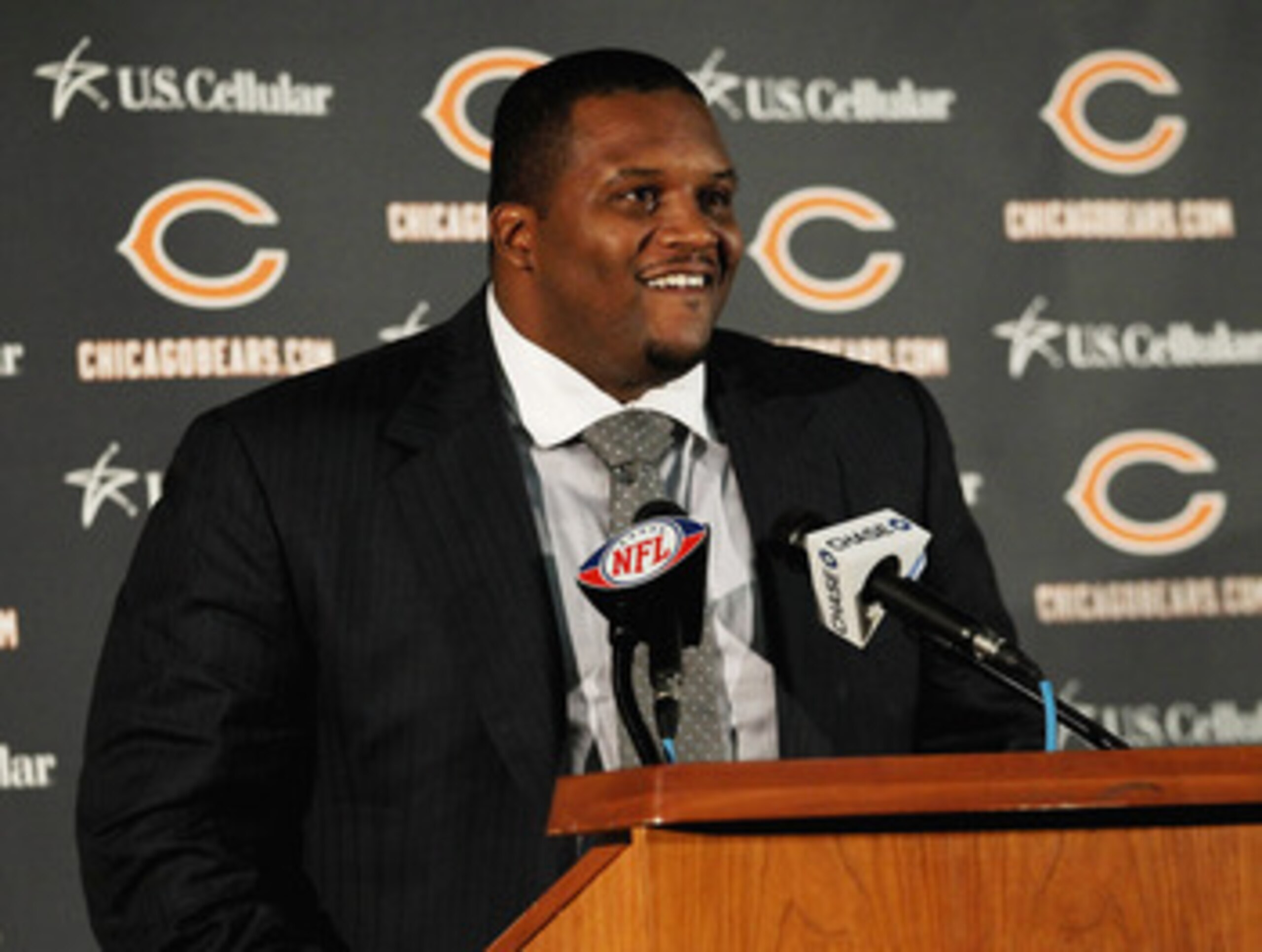 LAKE FOREST, IL - APRIL 26:  Defensive tackle Anthony Adams of the Chicago Bears speaks to media during the 2010 Brian Piccolo Award ceremony at Halas Hall on April 26, 2011 in Lake Forest, Illinois.  Players participated in the ceremony one day after a f
