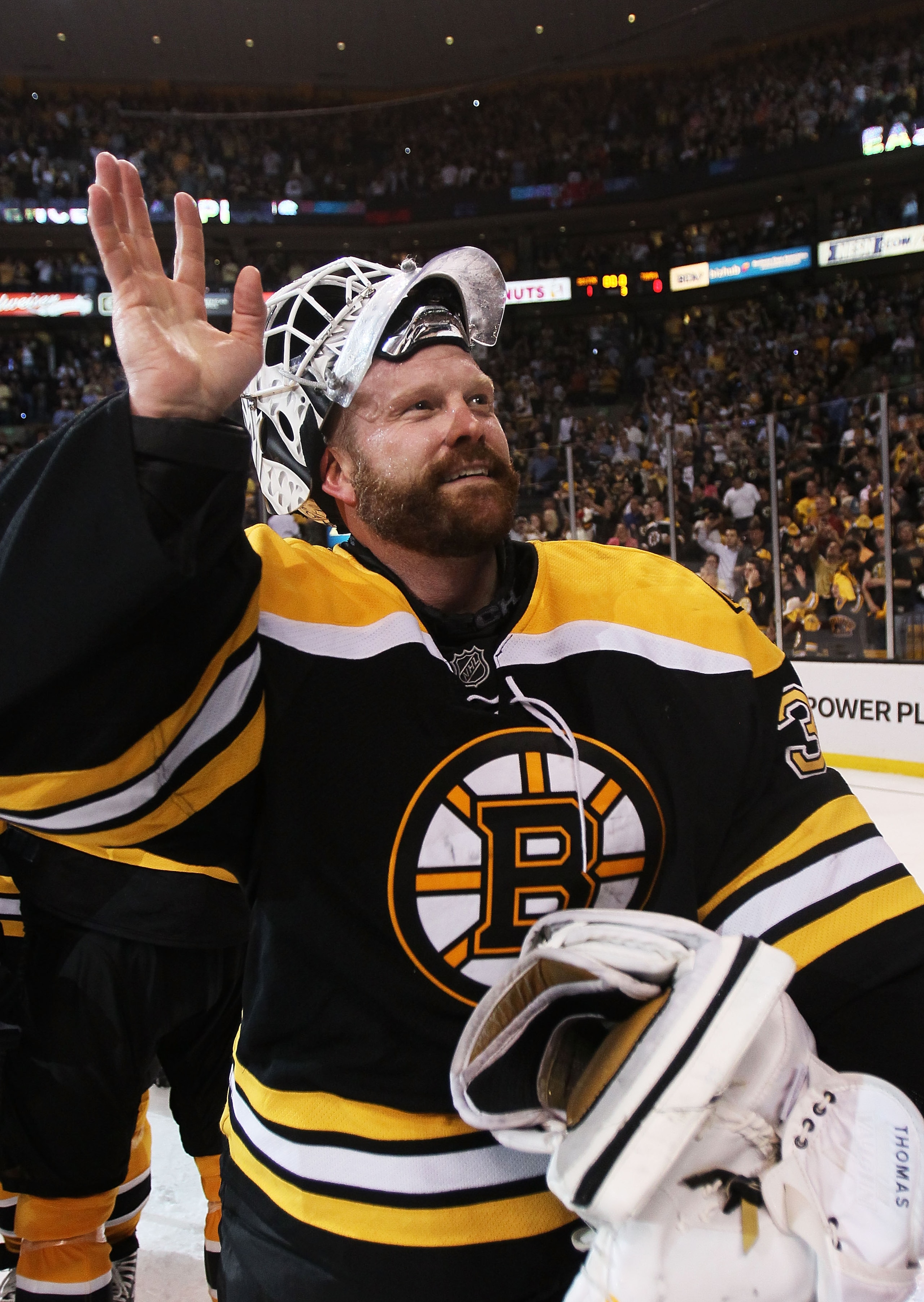 BOSTON, MA - MAY 27:  Tim Thomas #30 of the Boston Bruins celebrates after they defeated the Tampa Bay Lightning 1 to 0 in Game Seven of the Eastern Conference Finals during the 2011 NHL Stanley Cup Playoffs at TD Garden on May 27, 2011 in Boston, Massach