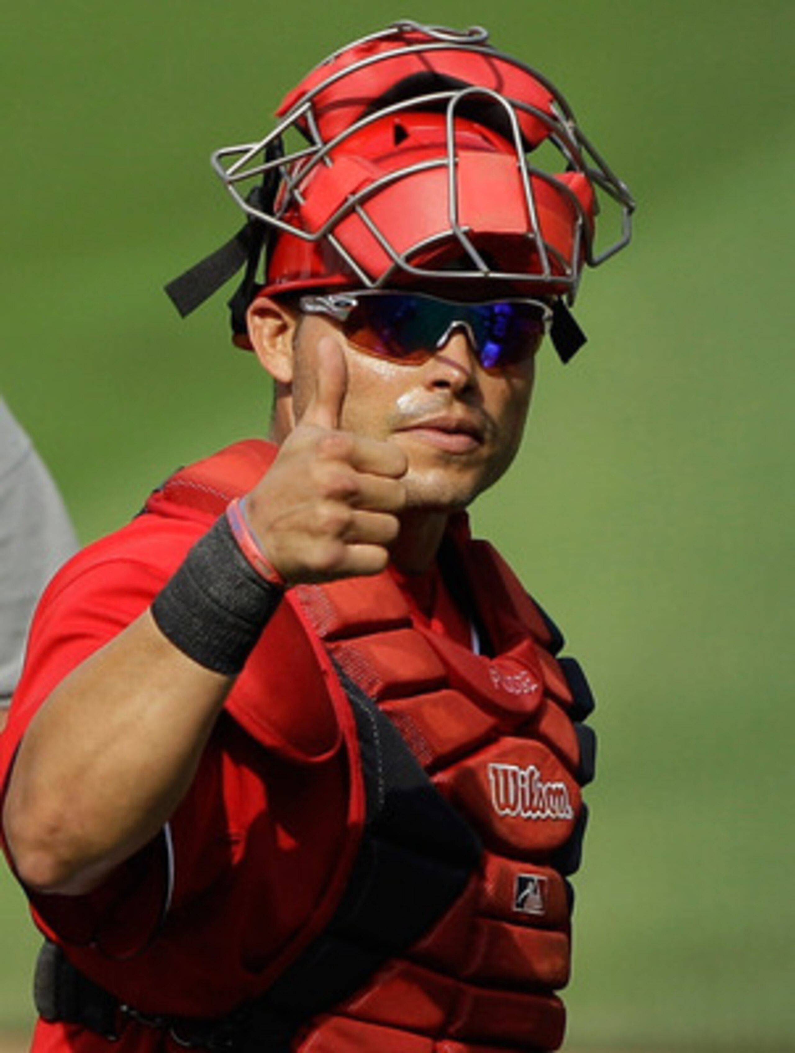 WASHINGTON, DC - MAY 15: Catcher Ivan Rodriguez #7 of the Washington Nationals gives the thumbs up to the crowd after the Nationals defeated the Florida Marlins 8-4  at Nationals Park on May 15, 2011 in Washington, DC.  (Photo by Rob Carr/Getty Images)