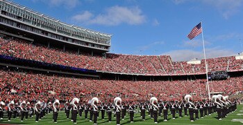 COLUMBUS, OH - NOVEMBER 27:  The Ohio State University Marching Band performs the U.S. National Anthem before a game against the Michigan Wolverines at Ohio Stadium on November 27, 2010 in Columbus, Ohio.  (Photo by Jamie Sabau/Getty Images)