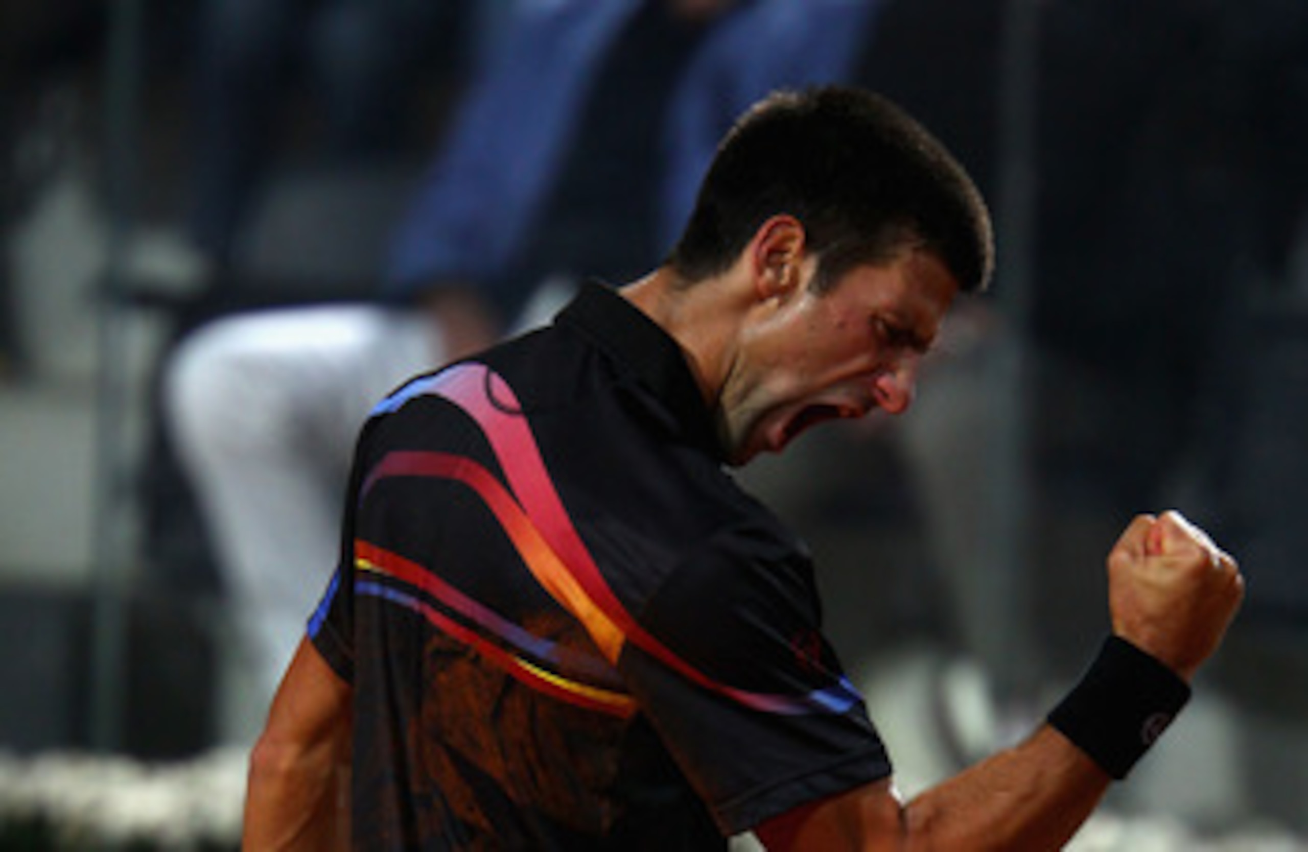 ROME, ITALY - MAY 14:  Novak Djokovic of Serbia celebrates a point during the tie break in his semi final match against Andy Murray of Great Britain during day seven of the Internazoinali BNL D'Italia at the Foro Italico Tennis Centre  on May 14, 2011 in