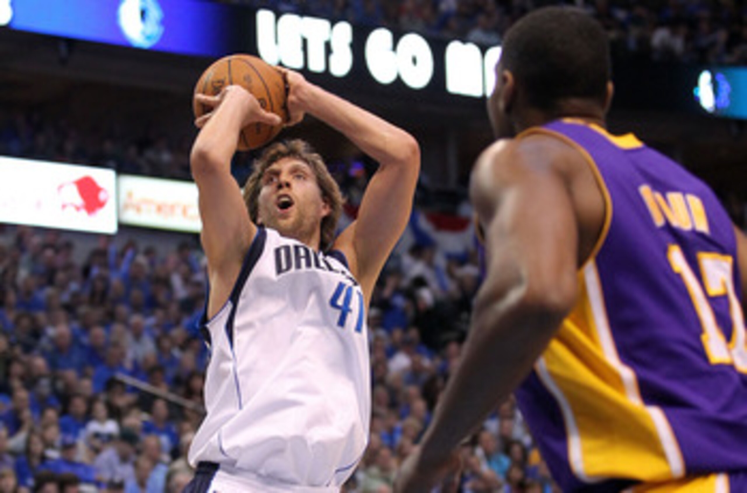 DALLAS, TX - MAY 08: Forward Dirk Nowitzki #41 of the Dallas Mavericks takes a shot against Andrew Bynum #17 of the Los Angeles Lakers in Game Four of the Western Conference Semifinals during the 2011 NBA Playoffs on May 8, 2011 at American Airlines Cent DALLAS, TX - MAY 08: Forward Dirk Nowitzki #41 of the Dallas Mavericks takes a shot against Andrew Bynum #17 of the Los Angeles Lakers in Game Four of the Western Conference Semifinals during the 2011 NBA Playoffs on May 8, 2011 at American Airlines Cent