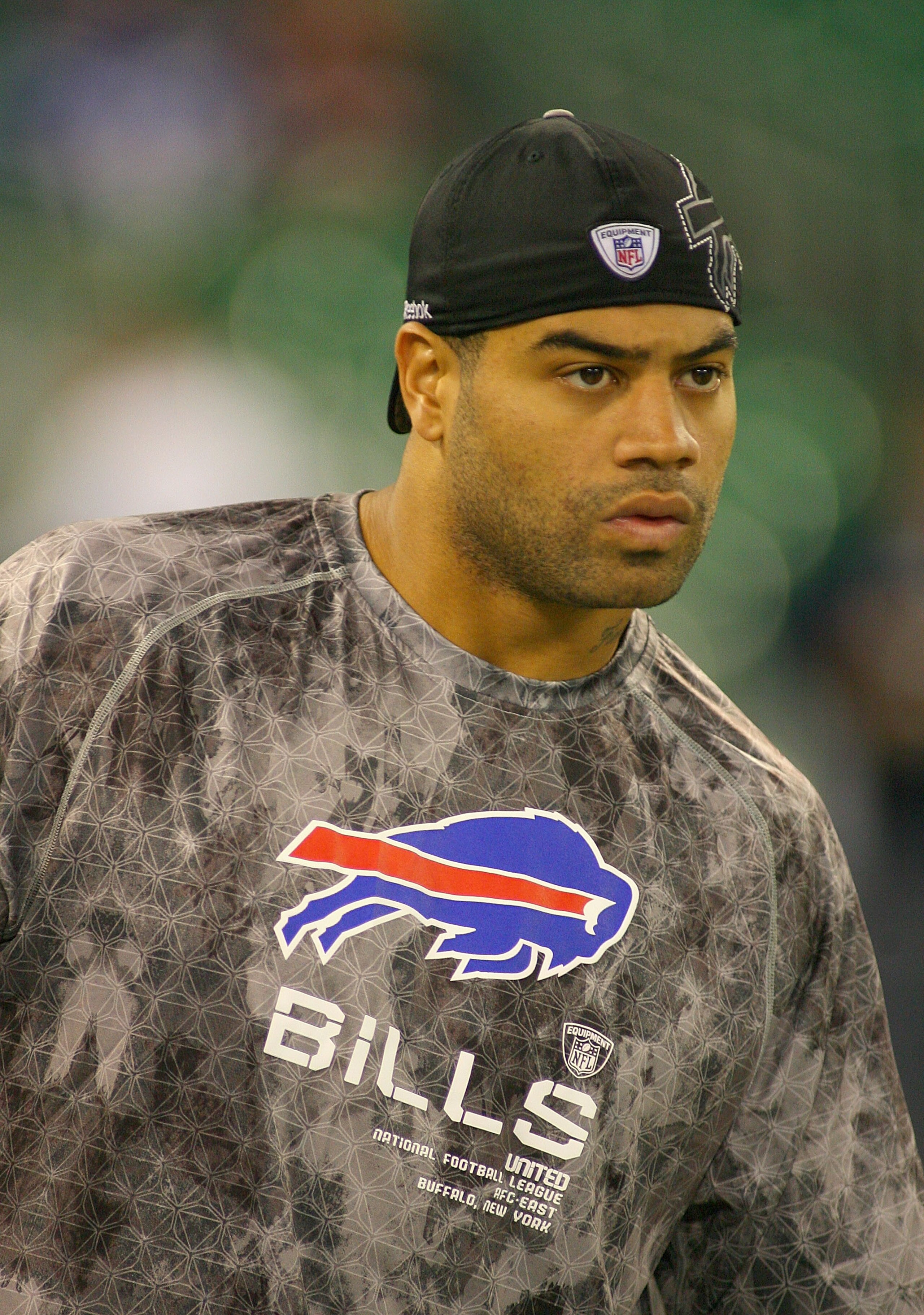 TORONTO, ON - NOVEMBER 07:  Shawne Merriman of the Buffalo Bills stands on the field prior to play against the Chicago Bears at Rogers Centre on November 7, 2010 in Toronto, Canada. Merriman was claimed this week after being waived by the San Diego Charge