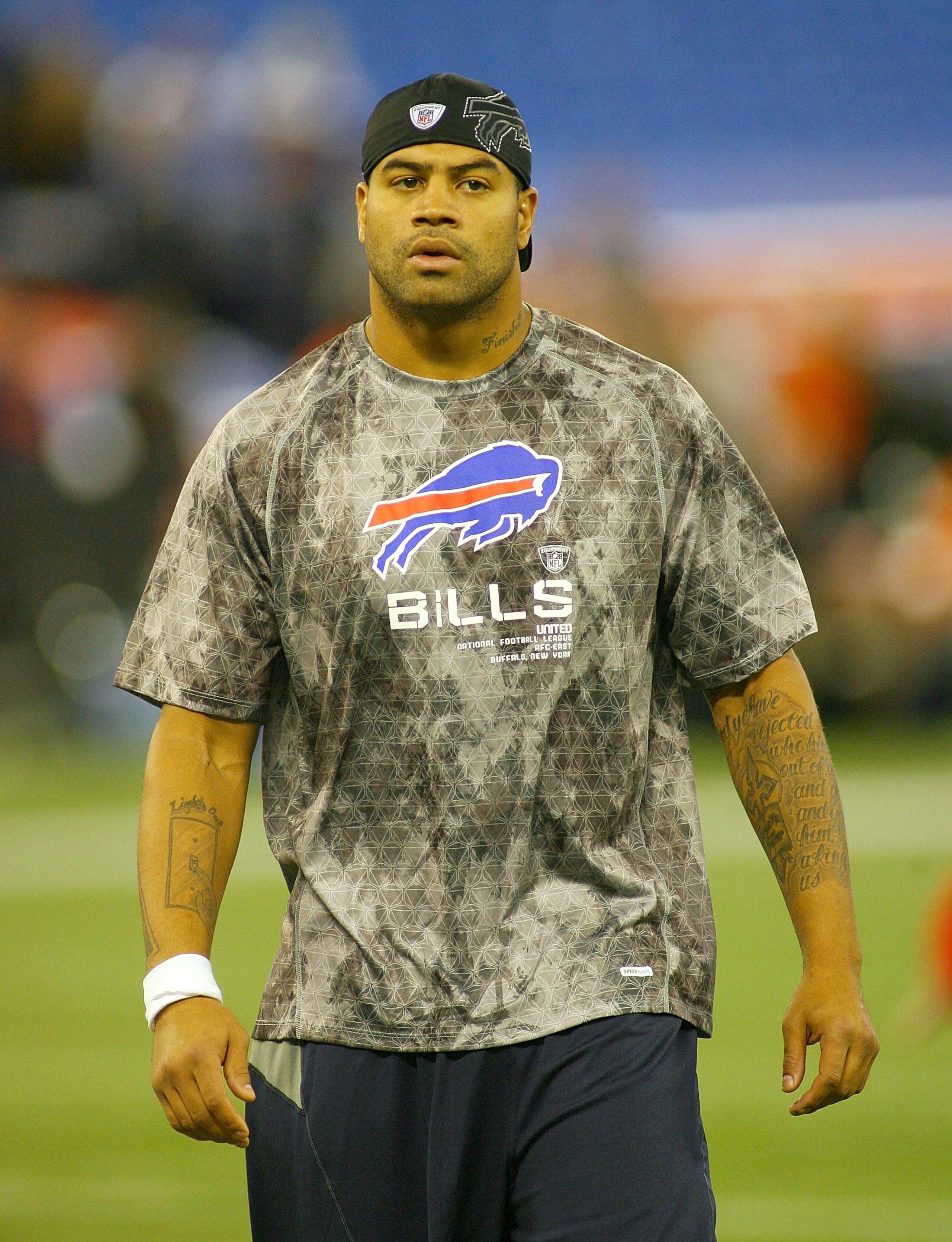 TORONTO, ON - NOVEMBER 07: Shawne Merriman of the Buffalo Bills stands on the field prior to play against the Chicago Bears at Rogers Centre on November 7, 2010 in Toronto, Canada. Merriman was claimed this week after being waived by the San Diego Charger