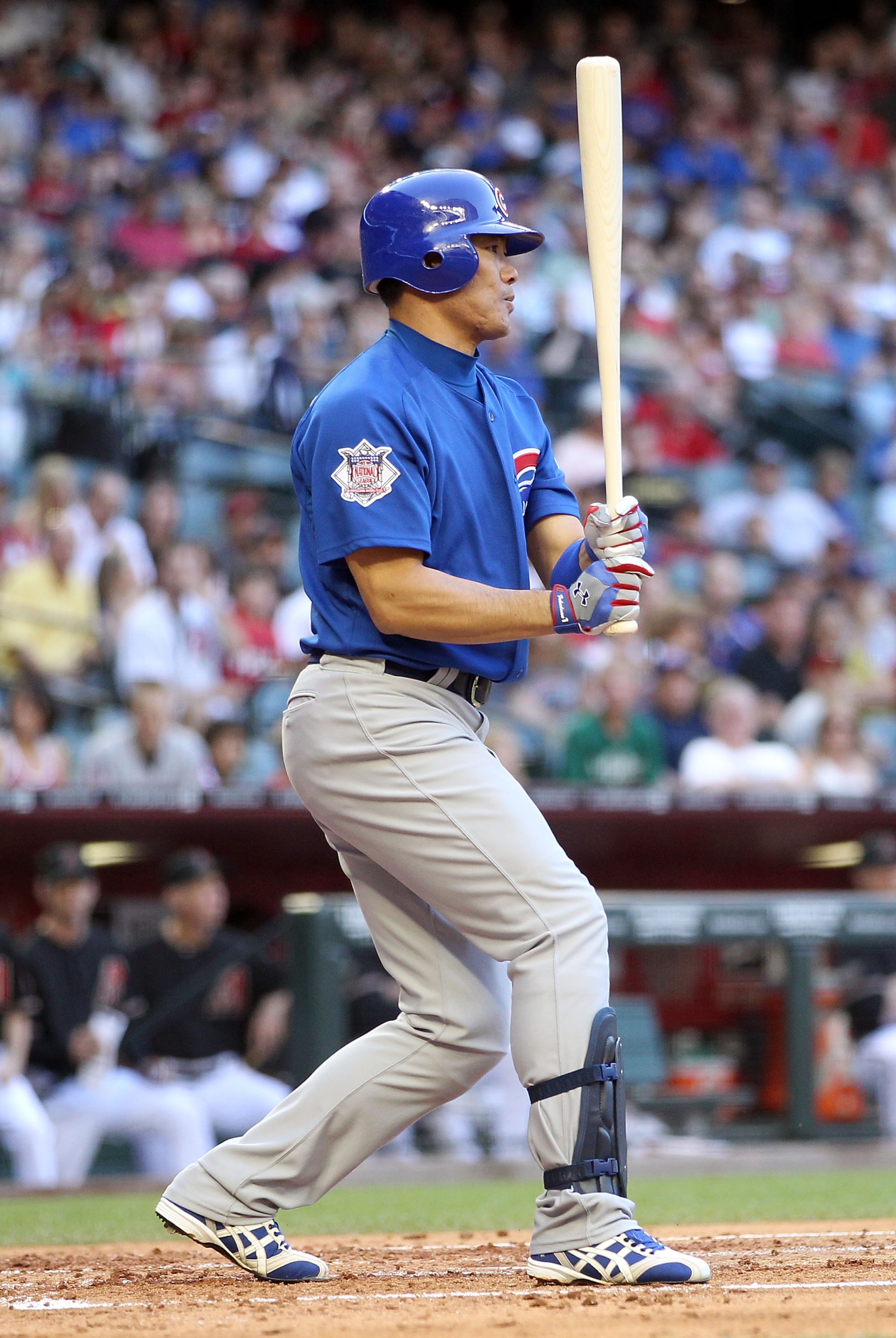 PHOENIX, AZ - APRIL 30:  Kosuke Fukudome #1 of the Chicago Cubs bats against the Arizona Diamondbacks during the Major League Baseball game at Chase Field on April 30, 2011 in Phoenix, Arizona. The Cubs defeated the Diamondbacks 5-3.  (Photo by Christian