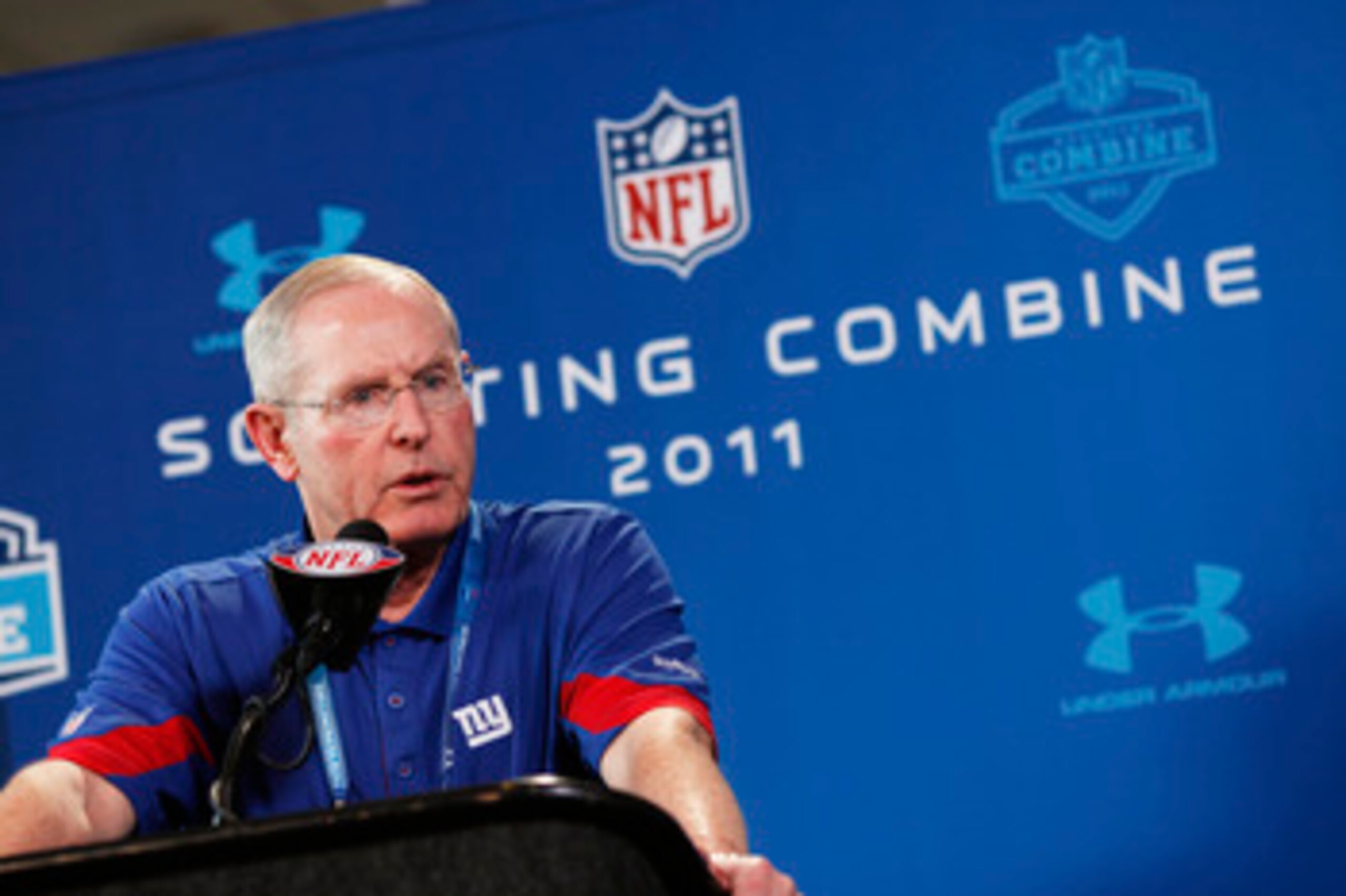 INDIANAPOLIS, IN - FEBRUARY 25: New York Giants head coach Tom Coughlin answers questions during a media session at the 2011 NFL Scouting Combine at Lucas Oil Stadium on February 25, 2011 in Indianapolis, Indiana. (Photo by Joe Robbins/Getty Images)