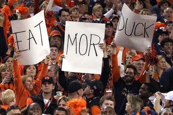 GLENDALE, AZ - JANUARY 10:  Auburn Tigers' fans hold up signs during the Tostitos BCS National Championship Game at University of Phoenix Stadium on January 10, 2011 in Glendale, Arizona.  (Photo by Christian Petersen/Getty Images)