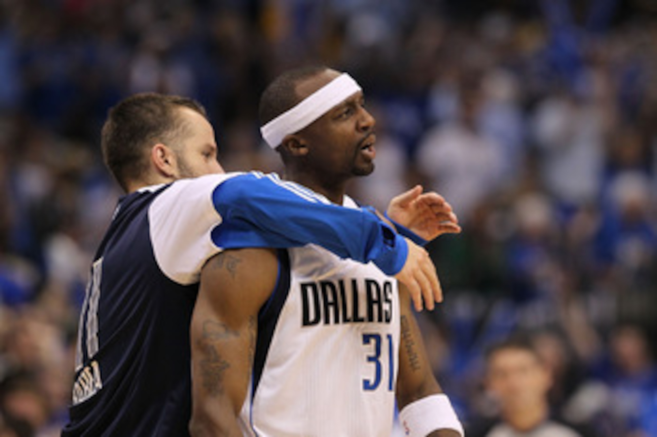 DALLAS, TX - MAY 08: Guard Jason Terry #31 of the Dallas Mavericks reacts after a three-point shot with Jose Juan Barea against the Los Angeles Lakers in Game Four of the Western Conference Semifinals during the 2011 NBA Playoffs on May 8, 2011 at Americ DALLAS, TX - MAY 08: Guard Jason Terry #31 of the Dallas Mavericks reacts after a three-point shot with Jose Juan Barea against the Los Angeles Lakers in Game Four of the Western Conference Semifinals during the 2011 NBA Playoffs on May 8, 2011 at Americ